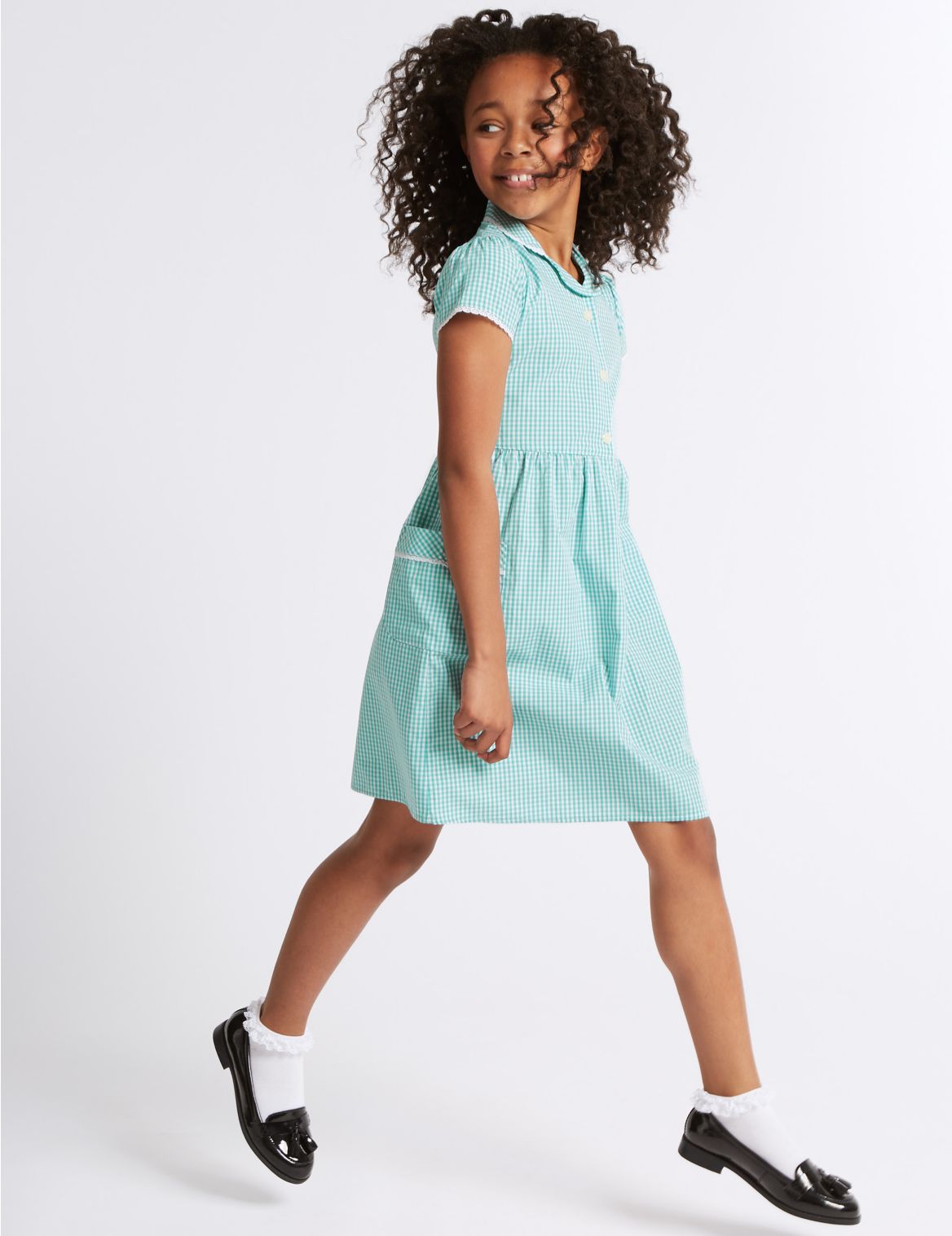 Marks & Spencer Girls' Gingham Pure Cotton Dress - Green - 6-7 Y