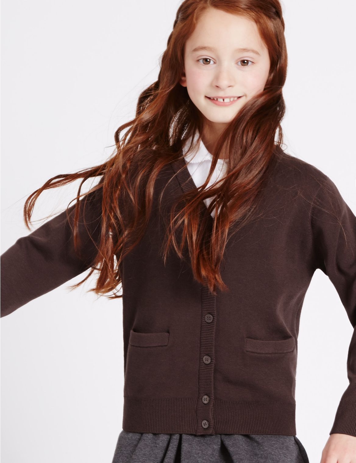 Marks & Spencer Girls' Cotton Rich Cardigan - Brown - 11-12