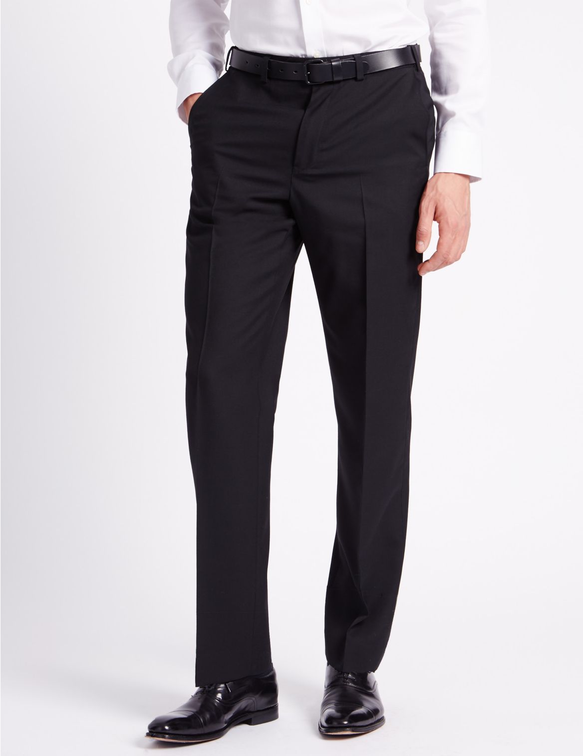 Marks & Spencer Regular Fit Wool Blend Flat Front Trousers - Black - 32-31