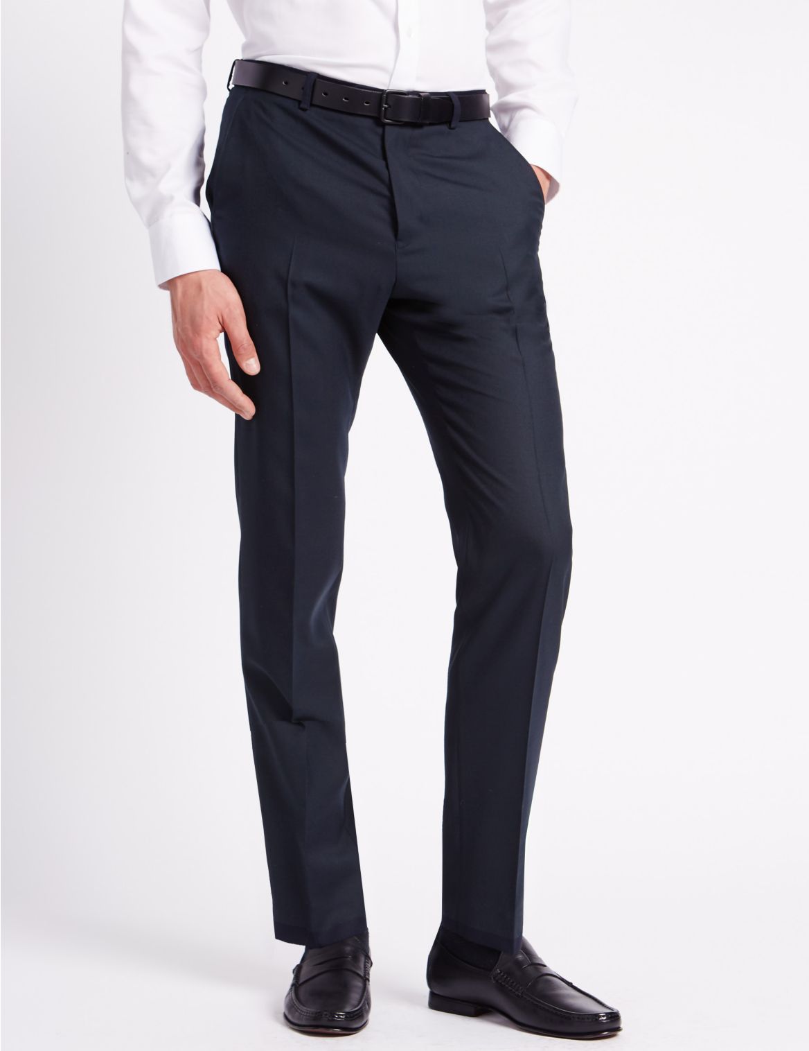 Marks & Spencer Regular Fit Wool Blend Flat Front Trousers - Navy - 30-29