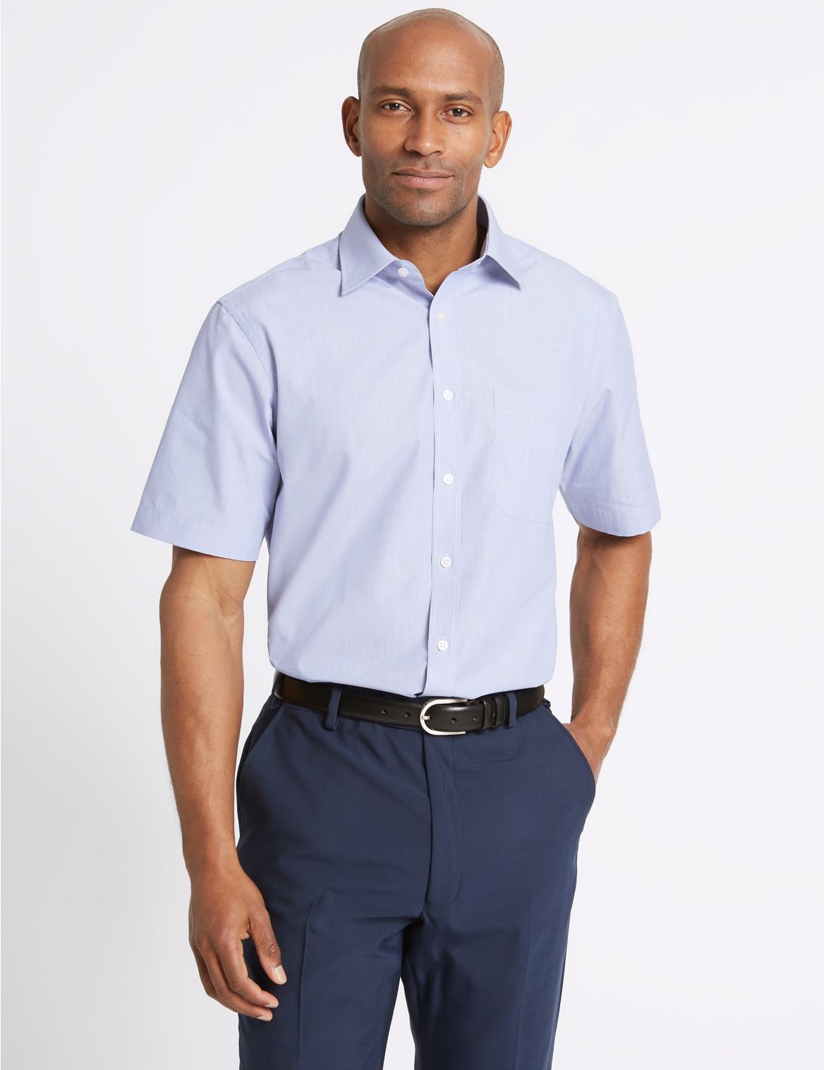 Marks & Spencer Cotton Rich Short Sleeve Regular Fit Shirt - Blue - 14.5