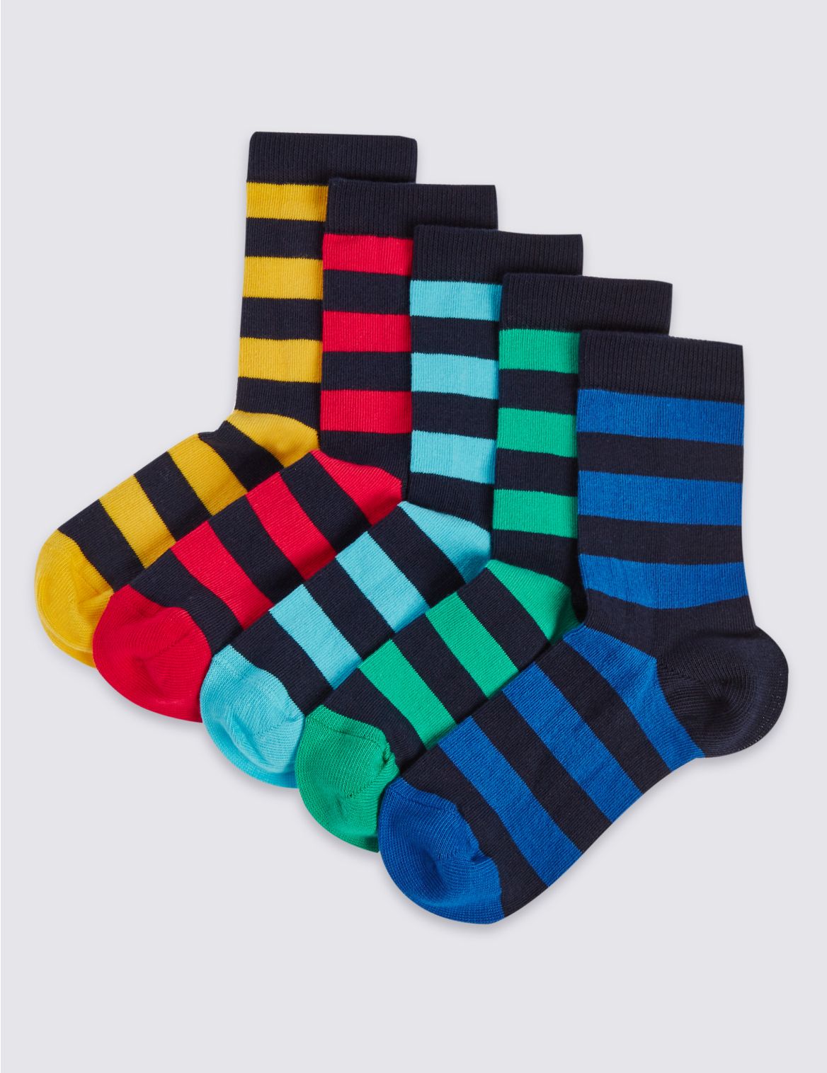 Marks & Spencer 5 Pairs of Freshfeet Cotton Rich Rugby Stripe Socks (1-14 Years) - White - 6-8+