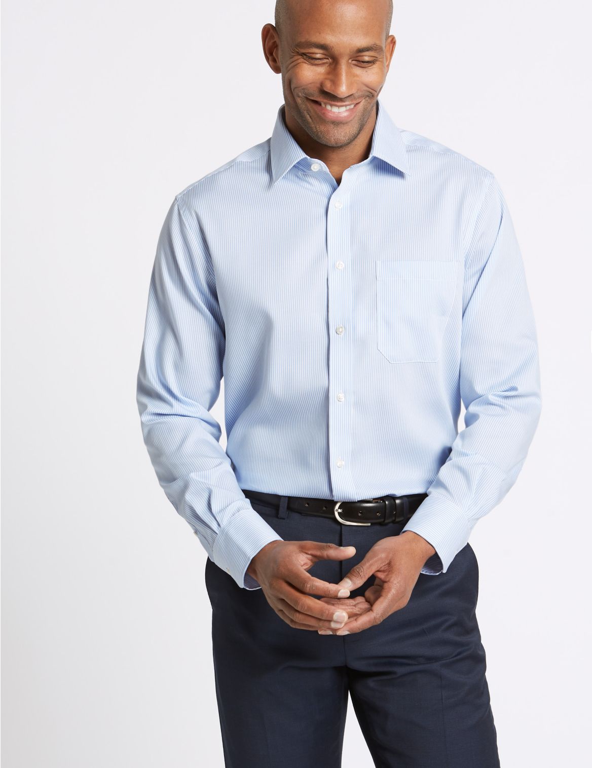 Marks & Spencer Pure Cotton Non-Iron Regular Fit Shirt - Blue - 16.5