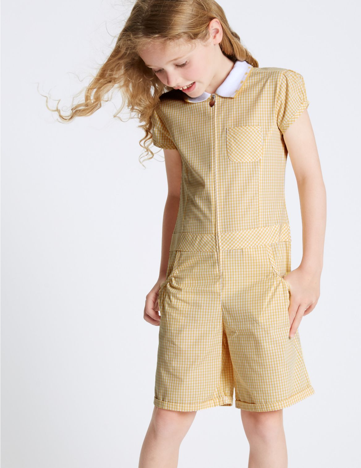 Marks & Spencer Girls' Gingham Pure Cotton Playsuit - Yellow - 10-11