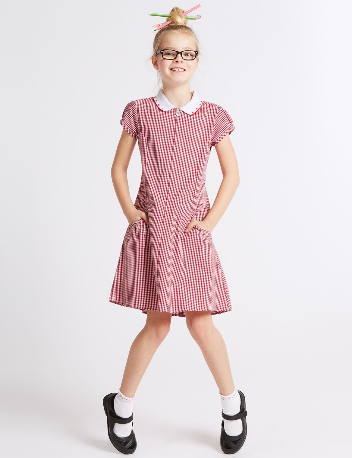 Marks & Spencer Girls' Gingham Pure Cotton Dress - Red - 12-13