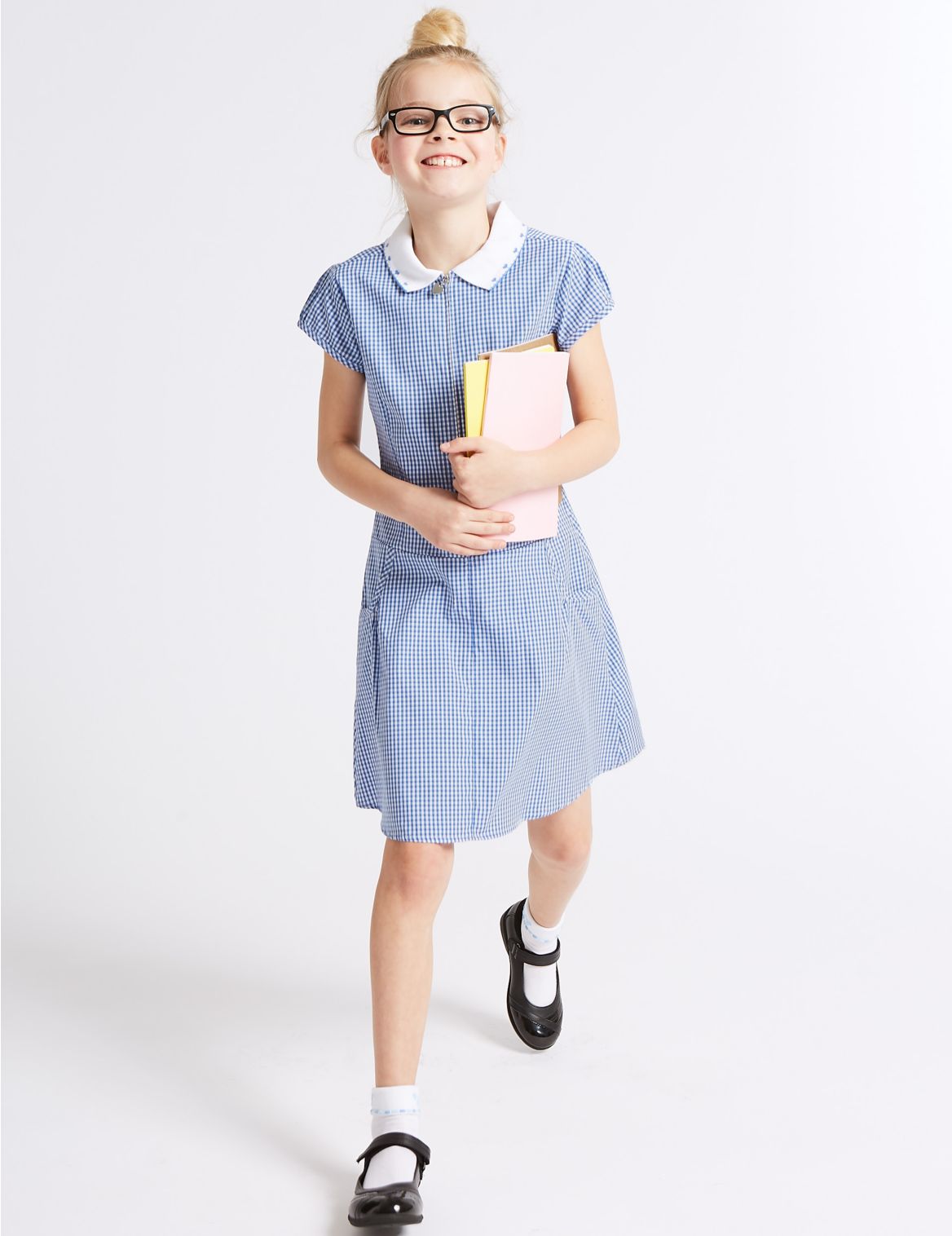 Marks & Spencer Girls' Gingham Pure Cotton Dress - Blue - 5-6 Y