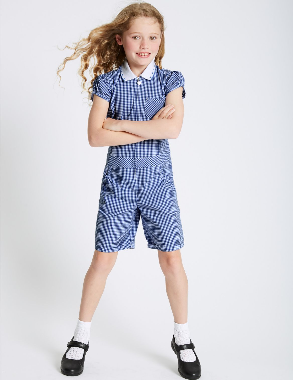 Marks & Spencer Girls' Gingham Pure Cotton Playsuit - Blue - 13-14