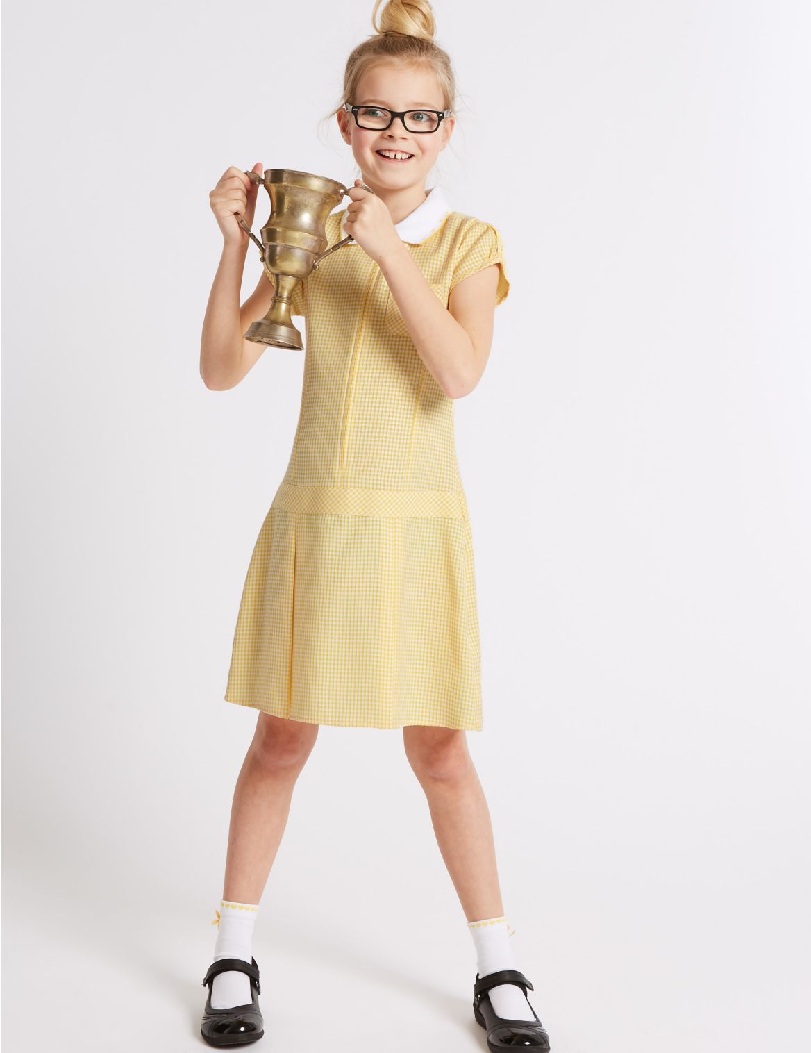 Marks & Spencer Girls' Gingham Pleated Dress - Yellow - 10-11