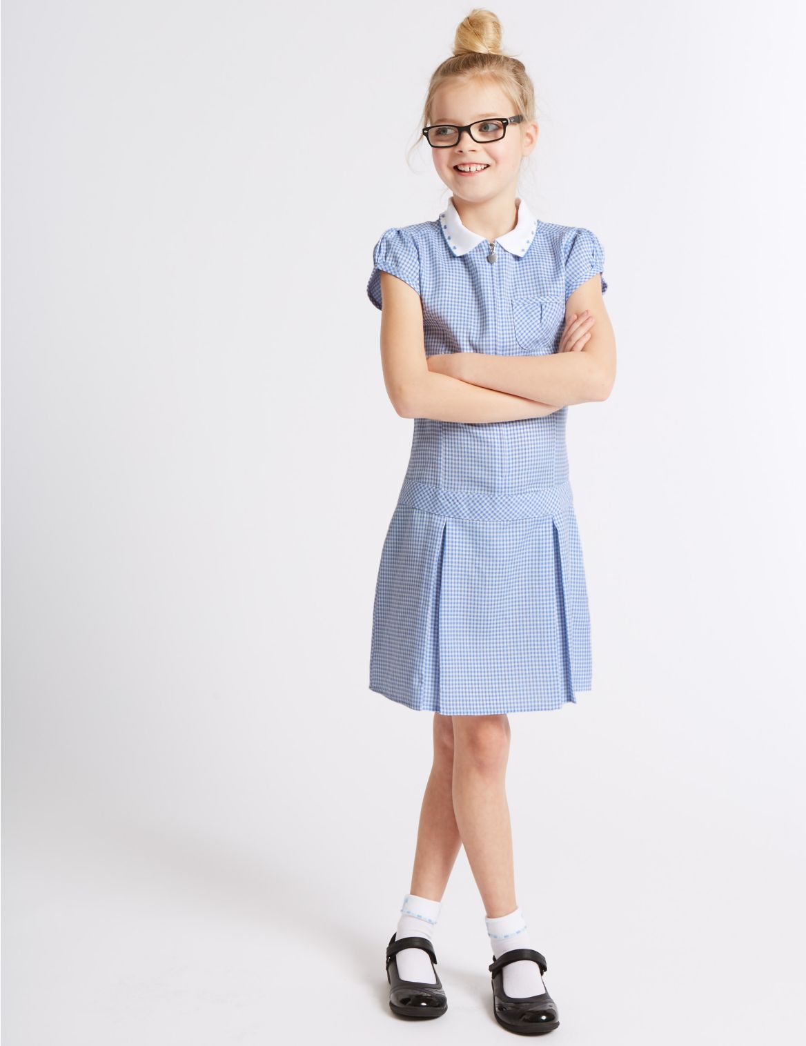 Marks & Spencer Girls' Gingham Pleated Dress - Blue - 9-10Y