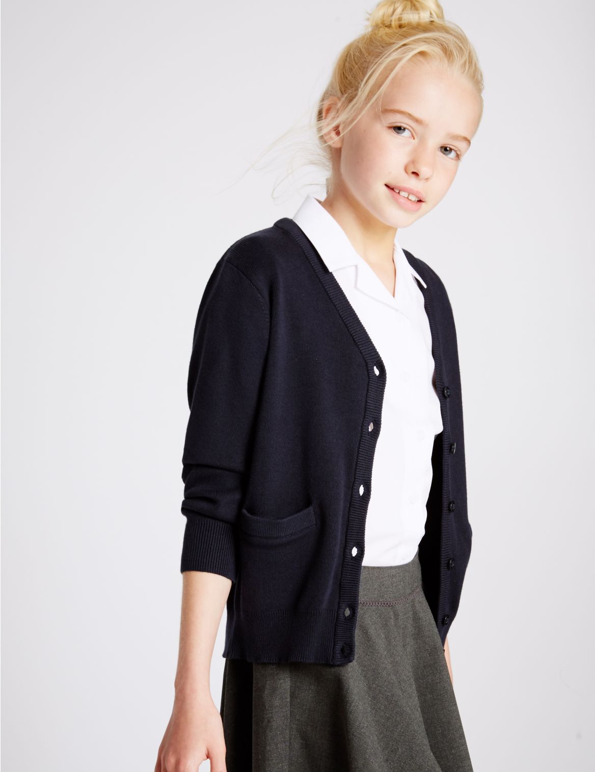 Marks & Spencer Girls' Cotton Rich Cardigan - Navy - 13-14