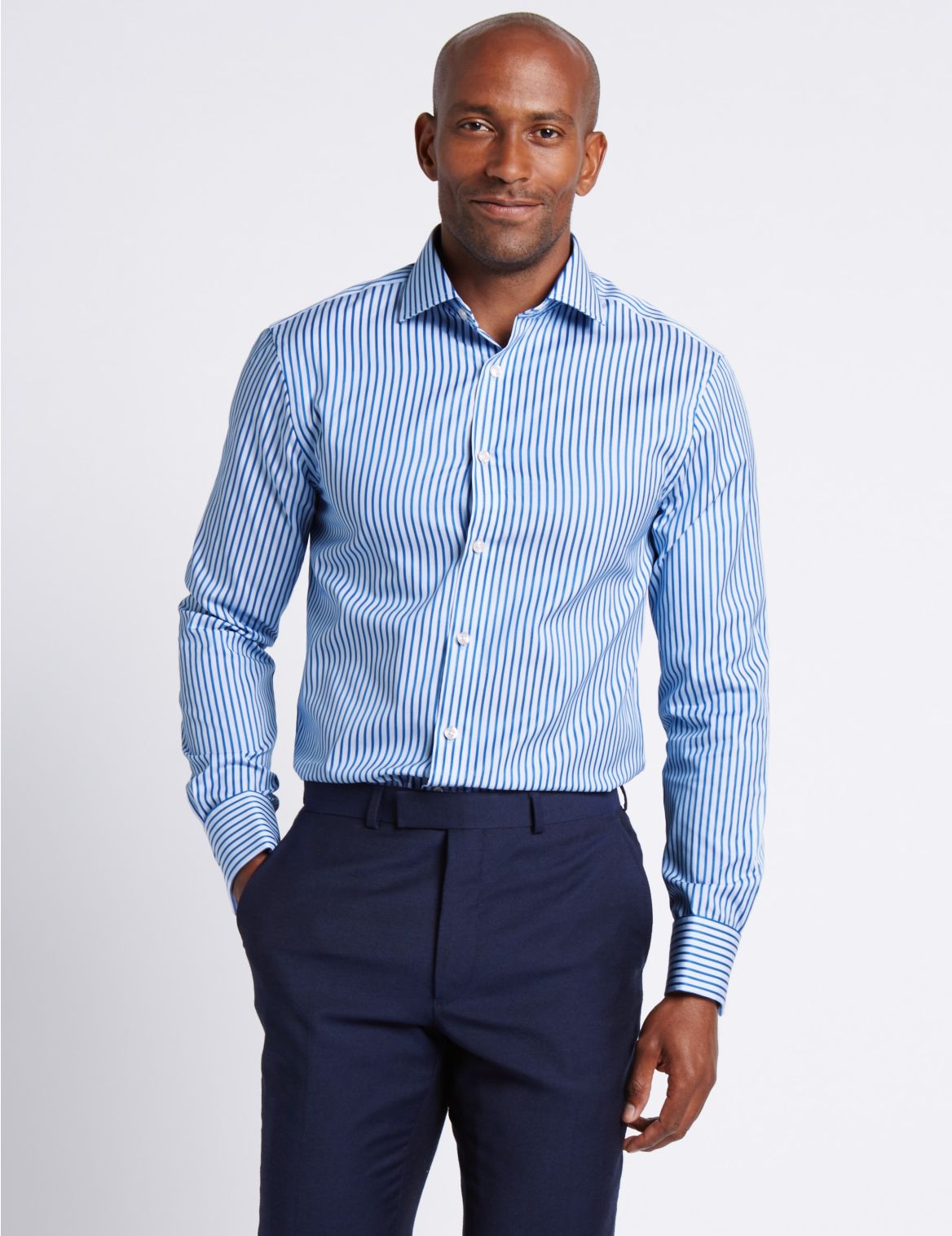 Marks & Spencer Pure Cotton Slim Fit Shirt - Blue - 14.5