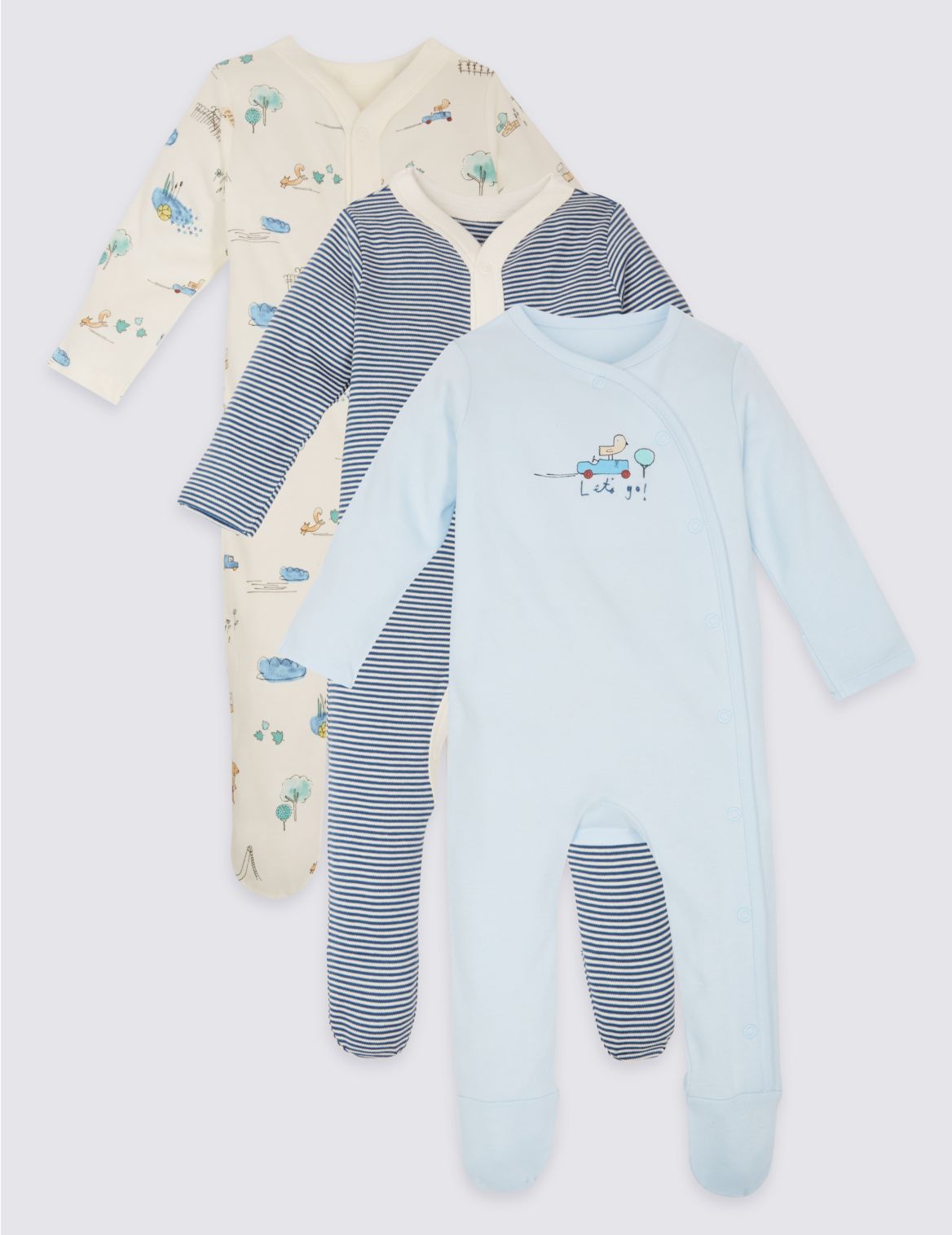 Marks & Spencer 3 Pack Pure Cotton Sleepsuits - Blue - 1 M