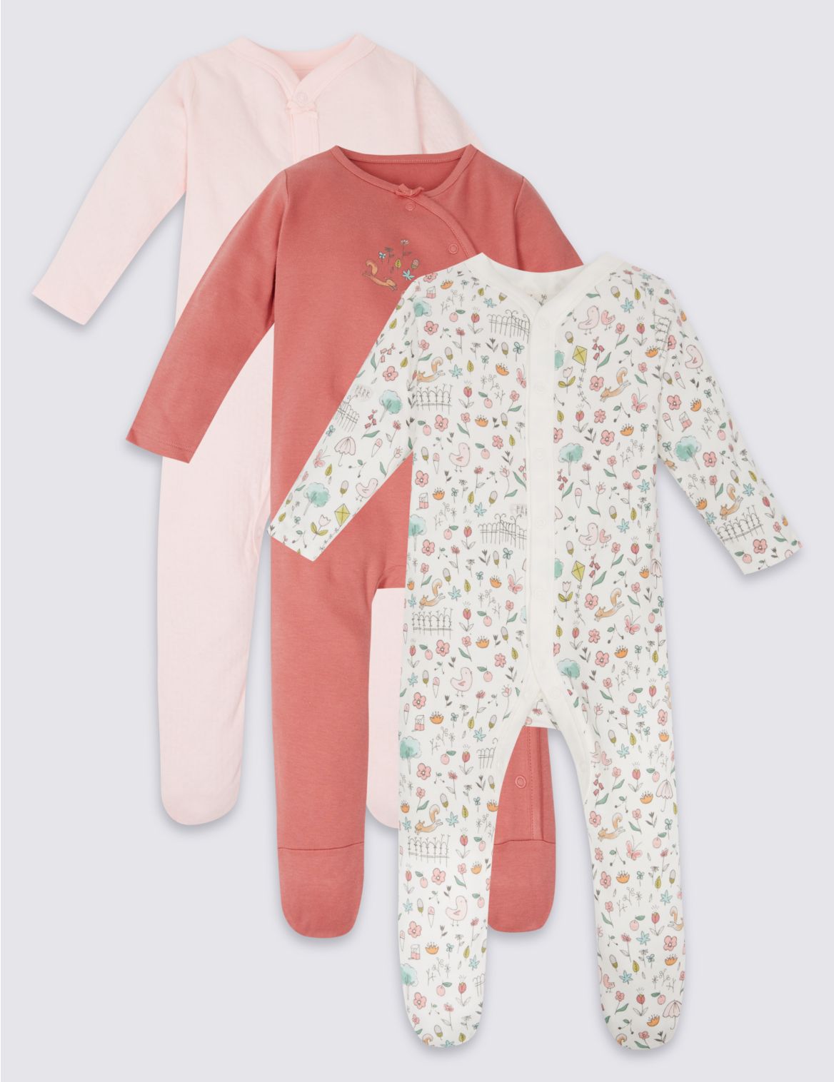 Marks & Spencer 3 Pack Pure Cotton Sleepsuits - Pink - 1 M