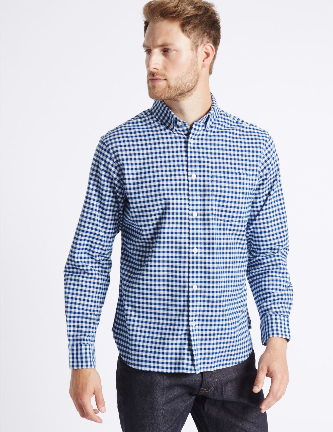 Marks & Spencer Pure Cotton Checked Oxford Shirt  - Navy - M