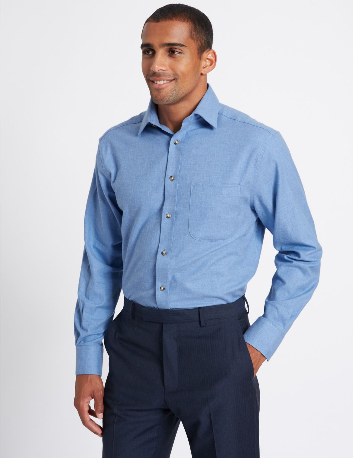 Marks & Spencer Pure Cotton Regular Fit Shirt - Blue - 16.5