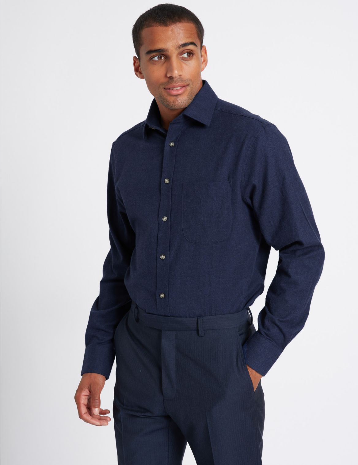 Marks & Spencer Pure Cotton Regular Fit Shirt - Navy - 14.5