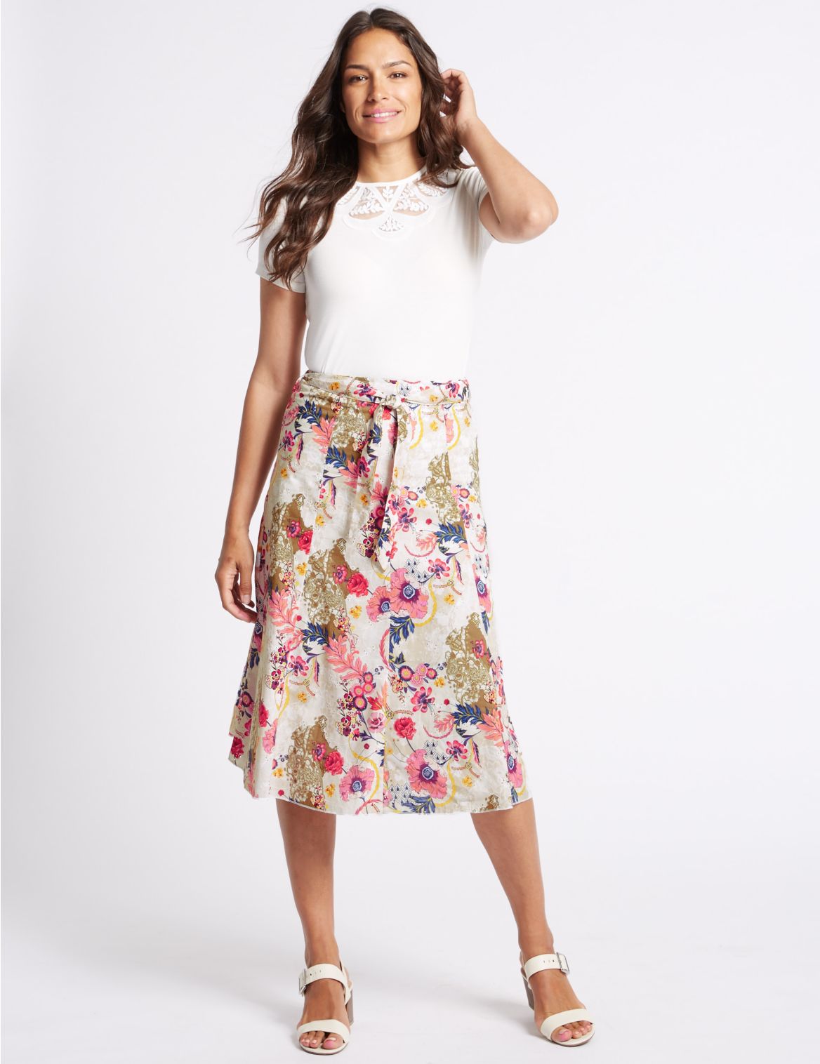 Marks & Spencer Pure Cotton Floral Print A-Line Midi Skirt - Beige - 16-27