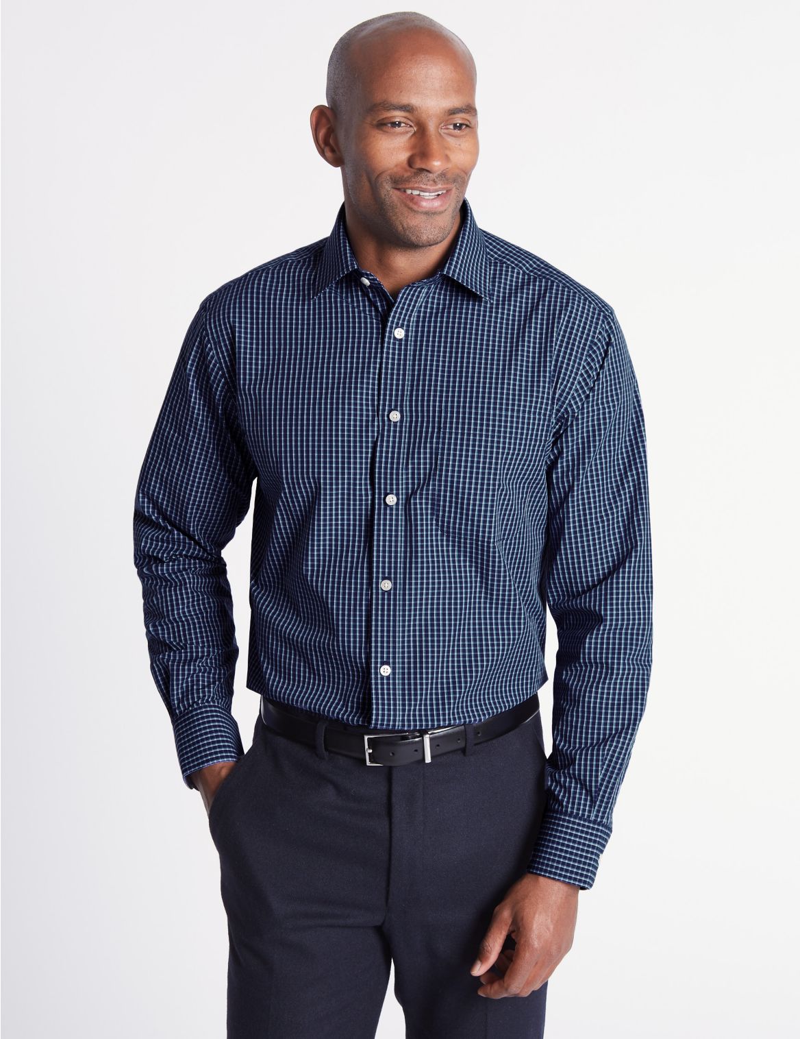 Marks & Spencer Cotton Rich Regular Fit Shirt - Blue - 14.5