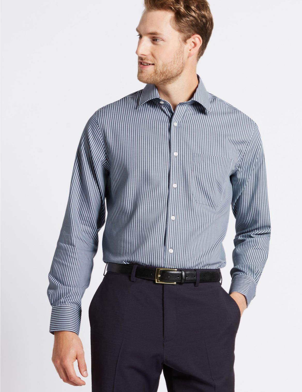 Marks & Spencer 2in Longer Non-Iron Regular Fit Shirt - Grey - 21