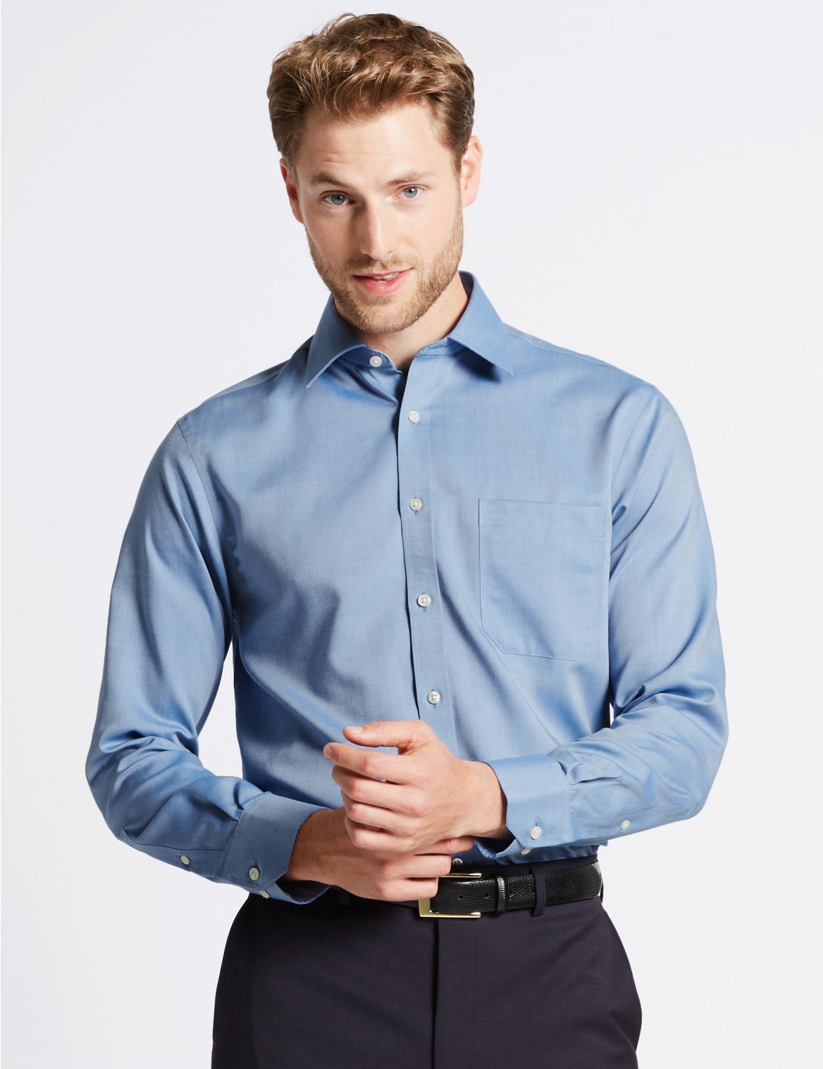 Marks & Spencer 2in Longer Non-Iron Regular Fit Oxford Shirt - Blue - 15L