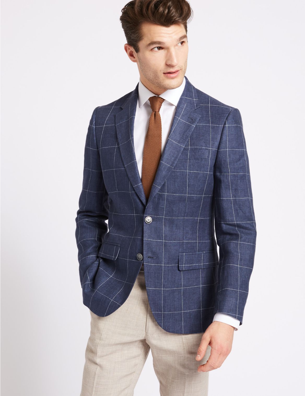 Marks & Spencer Pure Linen Checked 2 Button Jacket - Navy - 38-SHT