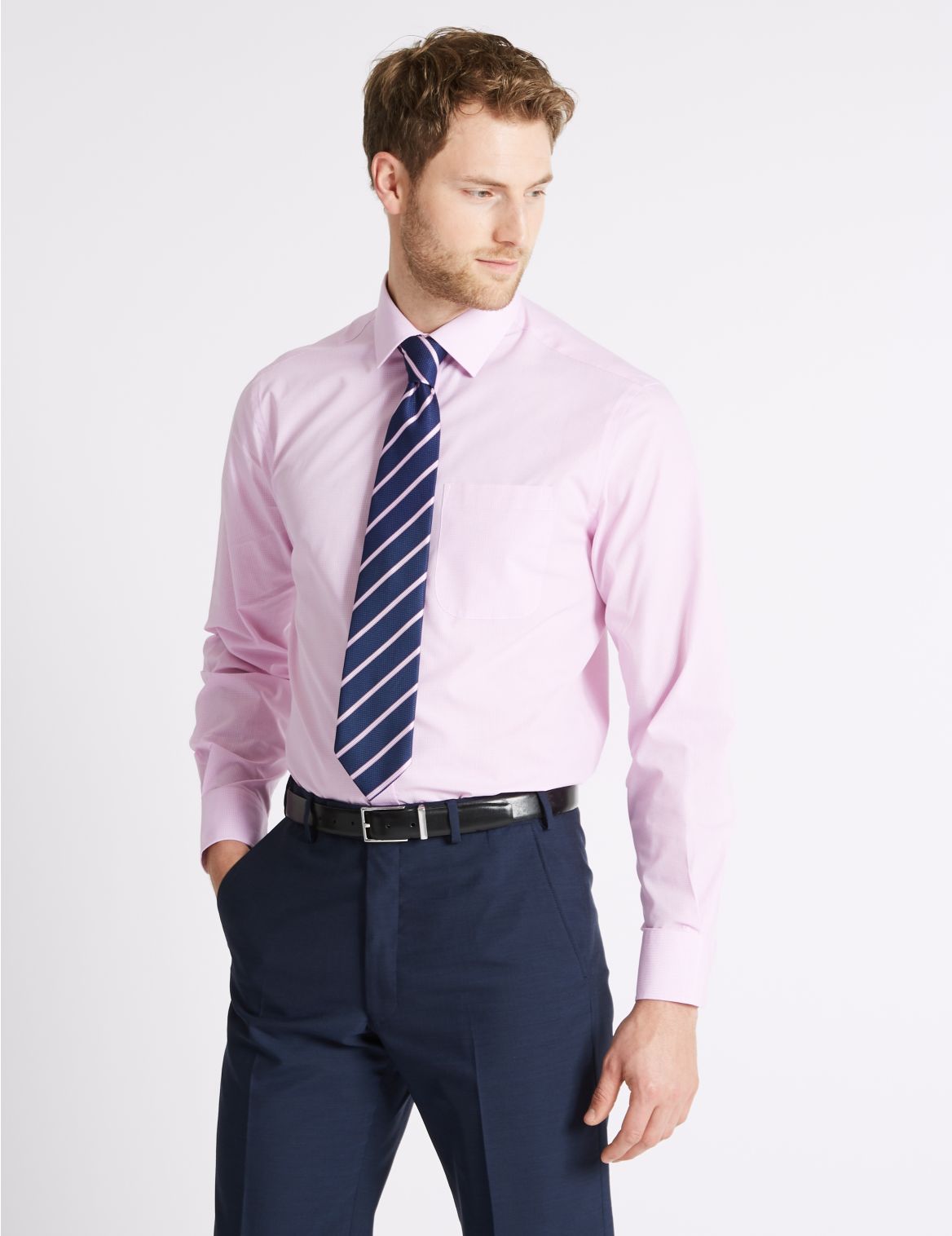 Marks & Spencer 2 Pack Regular Fit Shirts with Tie - Pink - 15.5