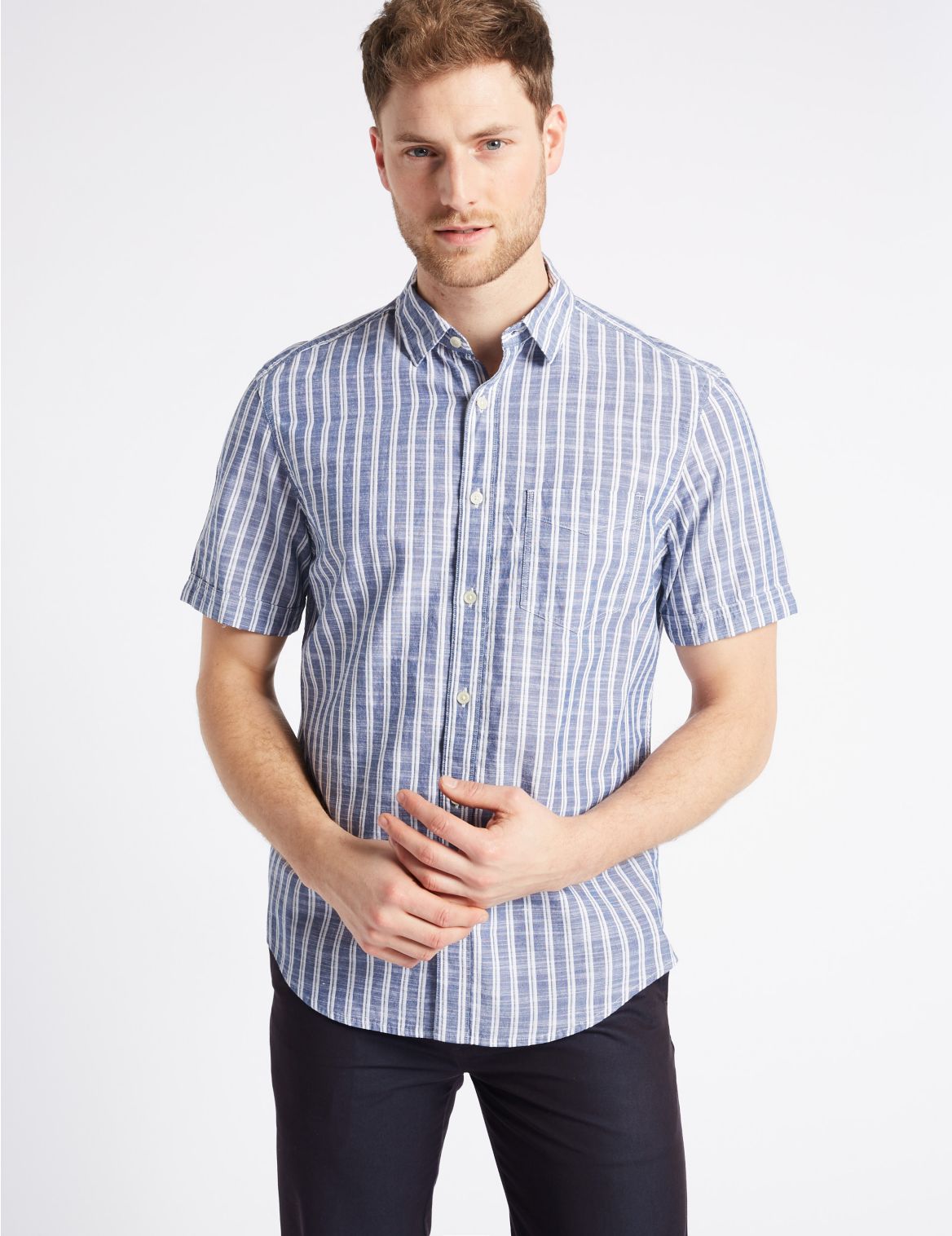 Marks & Spencer Pure Cotton Striped Shirt with Pocket - Blue - XXL