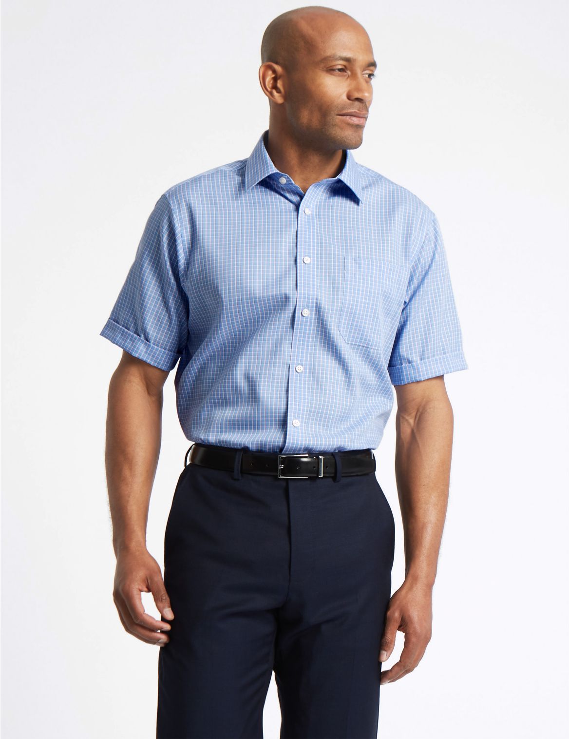 Marks & Spencer Short Sleeve Non-Iron Regular Fit Shirt - Blue - 15