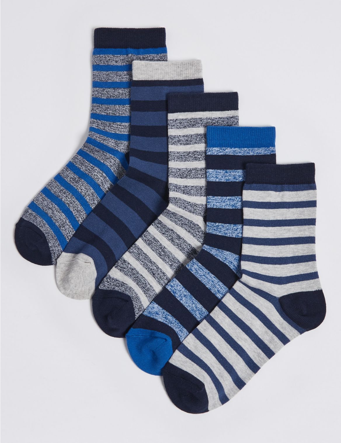 Marks & Spencer 5 Pairs of Cotton Rich Stripes Socks (1-14 Years) - Blue - 6-8+