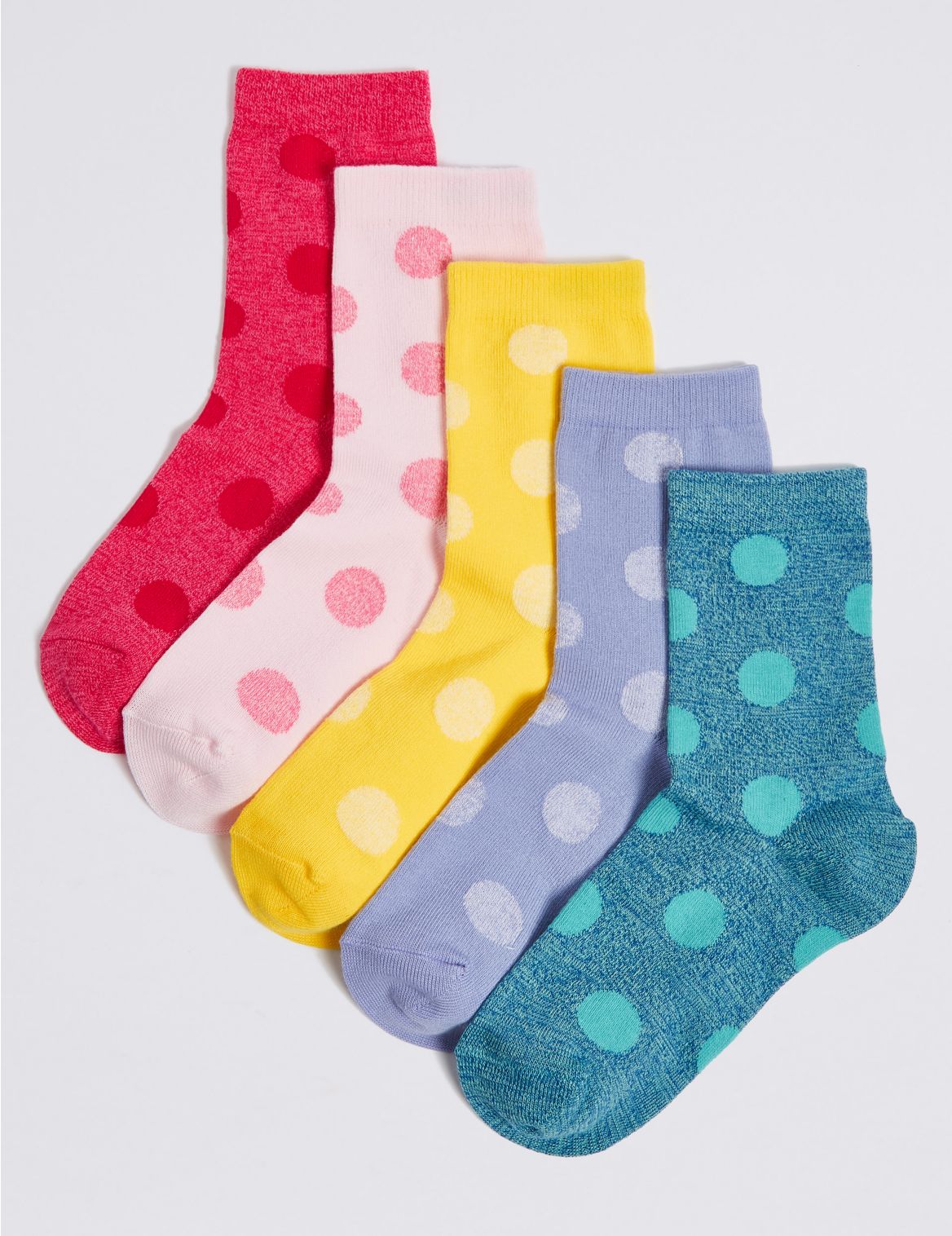 Marks & Spencer 5 Pairs of Cotton Rich Spotted Socks (1-14 Years) - Pink - 6-8+