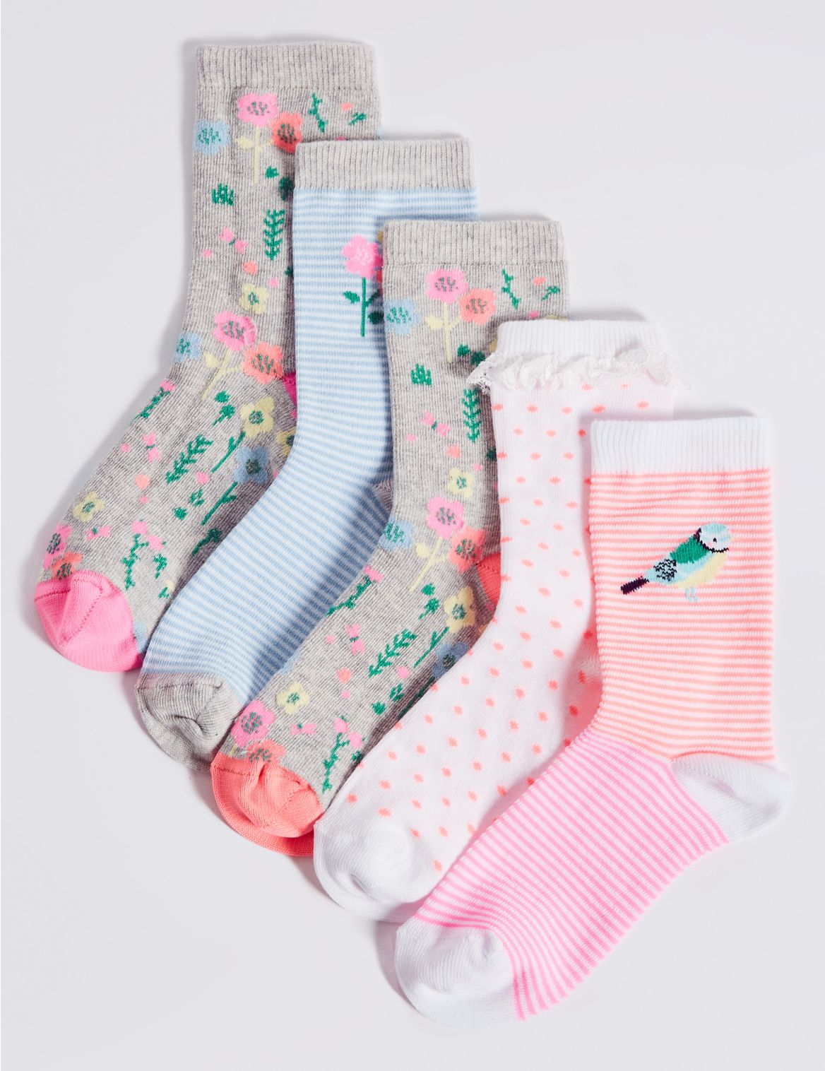 Marks & Spencer 5 Pairs of Cotton Rich Socks (1-14 Years) - Pink - 12+3+