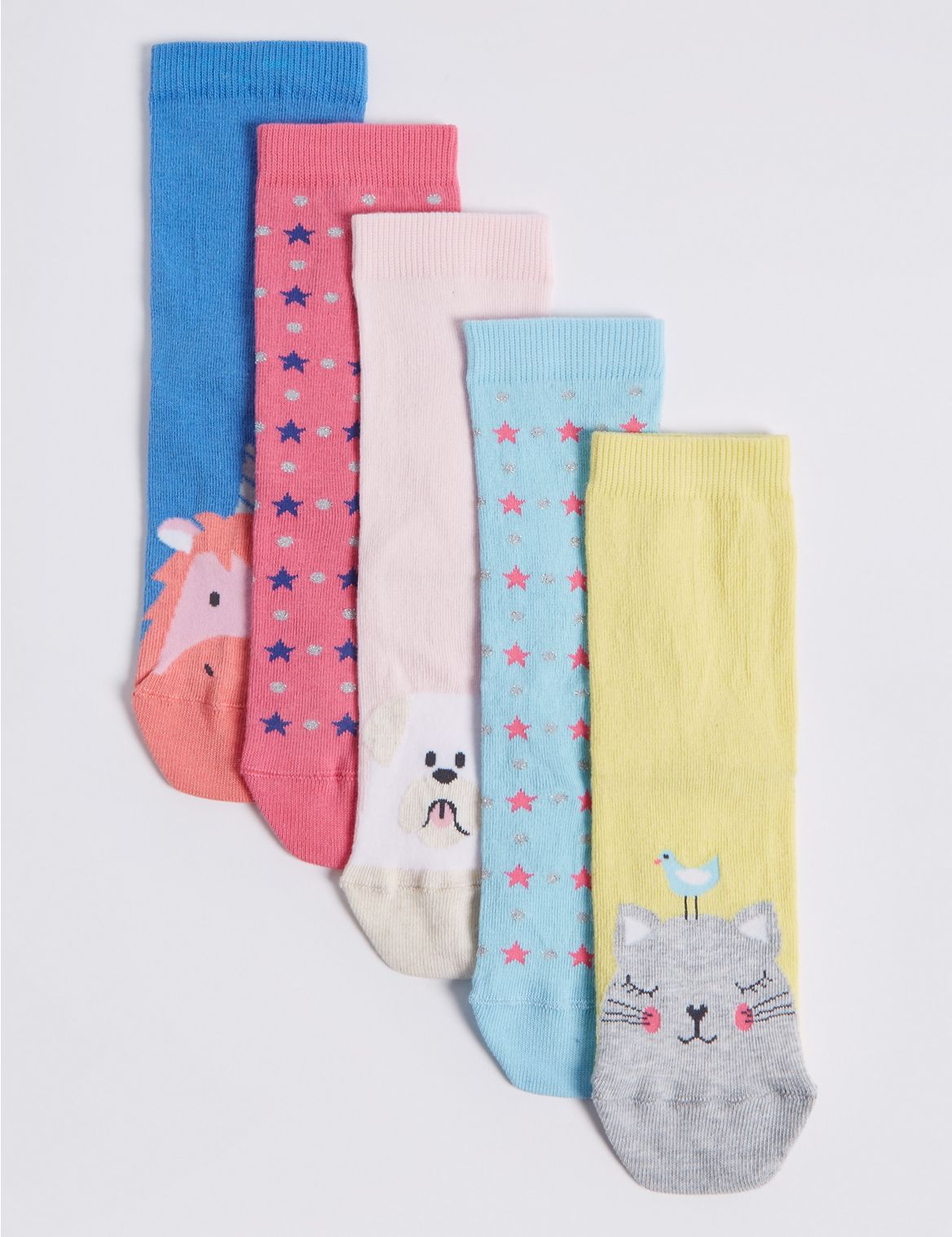 Marks & Spencer 5 Pairs of Cotton Rich Novelty Socks (1-14 Years) - Pink - 8+-12