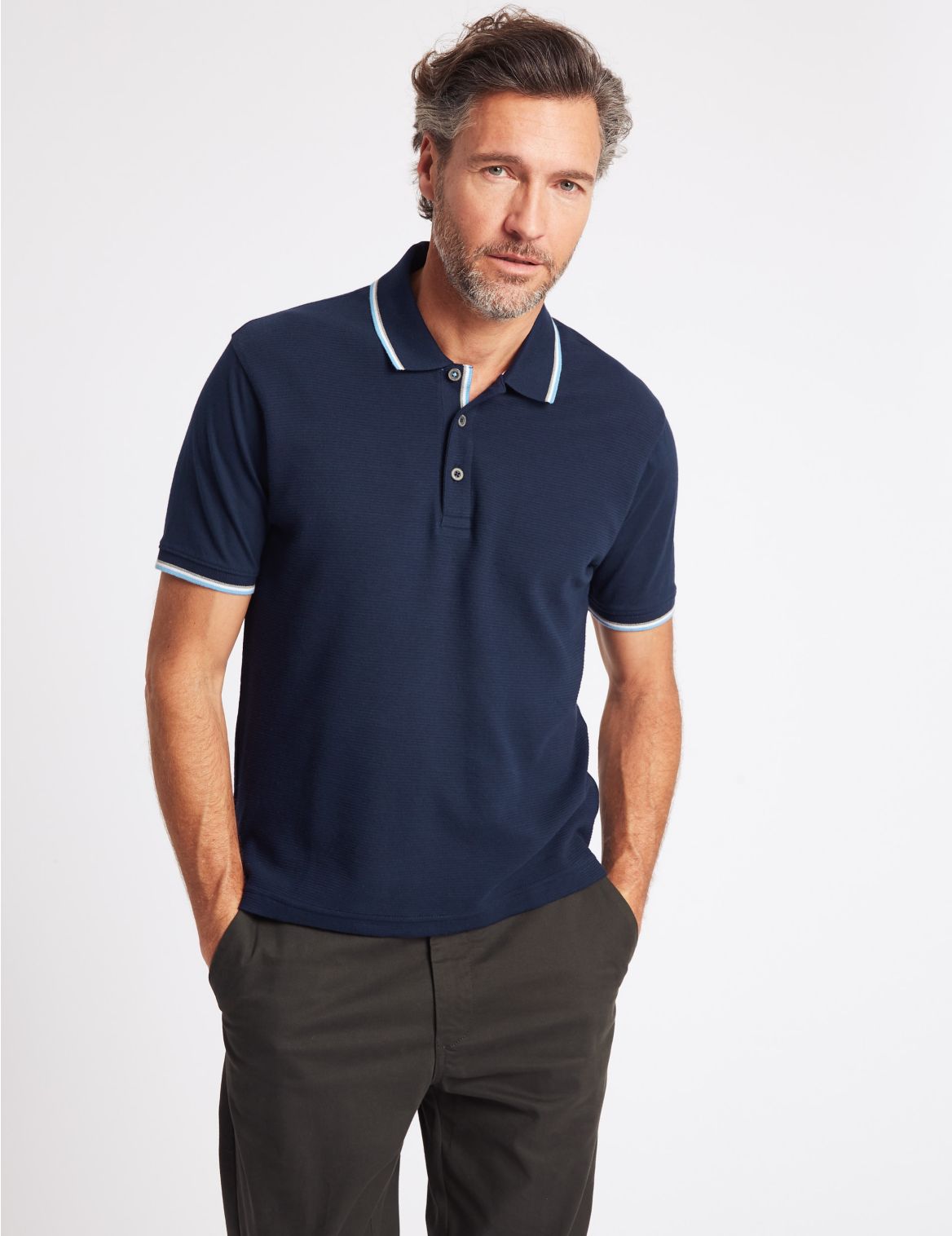 Marks & Spencer Slim Fit Pure Cotton Textured Polo Shirt - Navy - XXL-STD