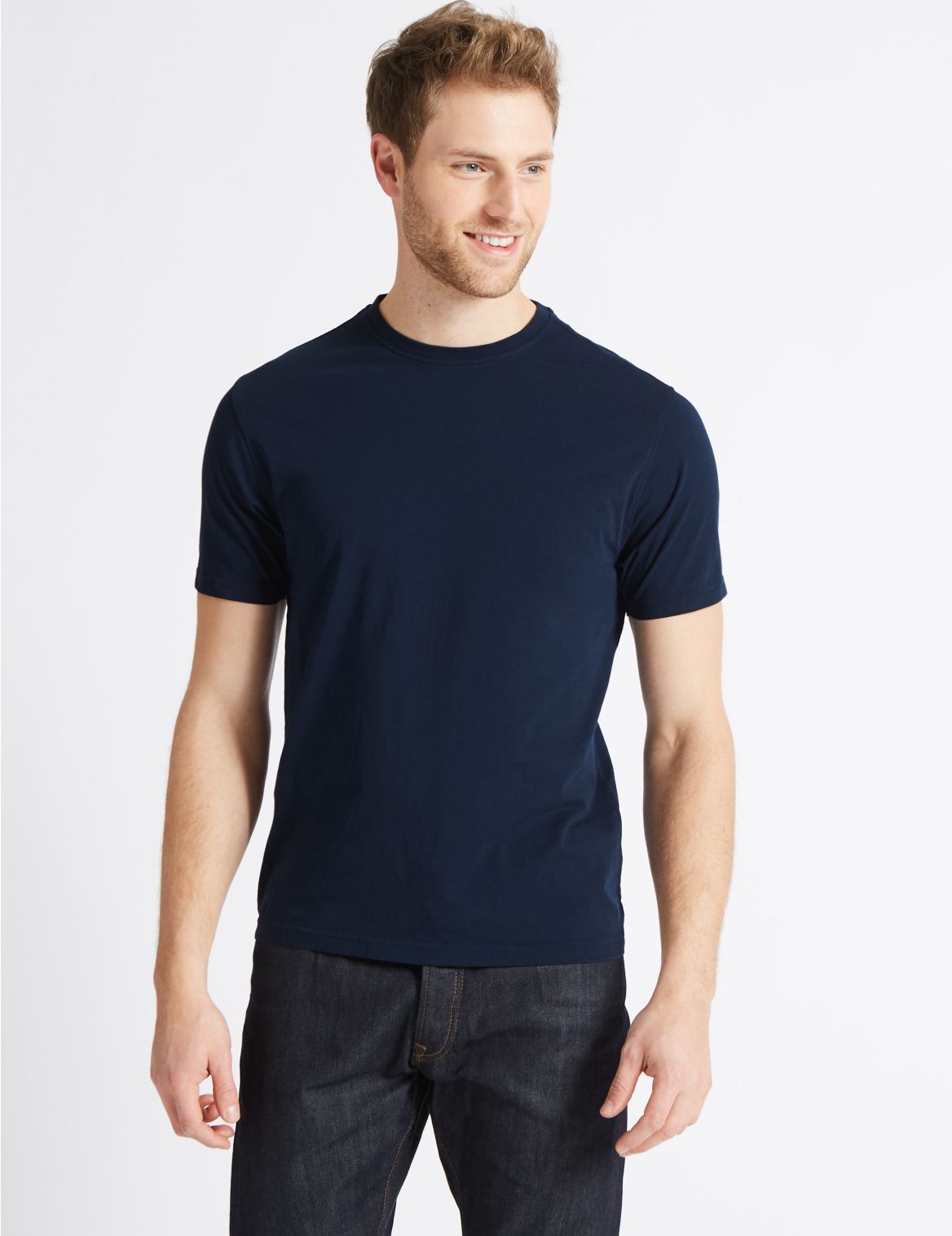 Marks & Spencer Slim Fit Pure Cotton Crew Neck T-Shirt - Navy - L-STD