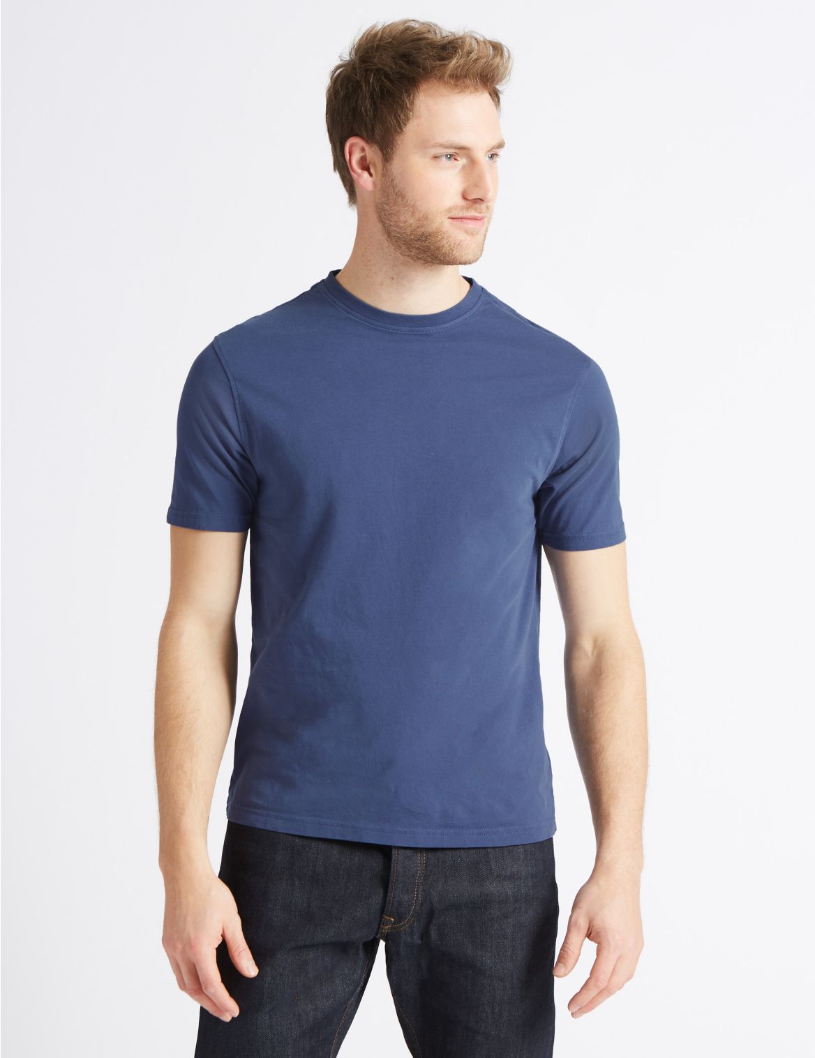 Marks & Spencer Slim Fit Pure Cotton Crew Neck T-Shirt - Blue - S-STD