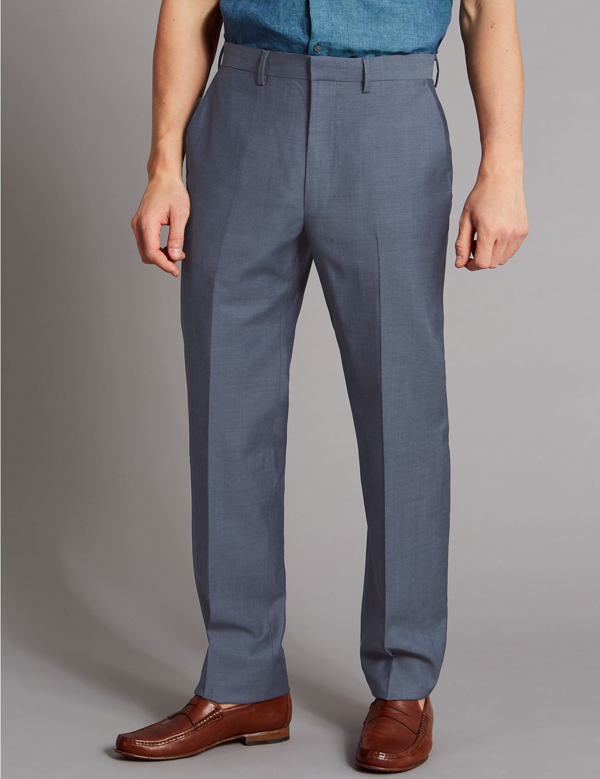 Marks & Spencer Blue Tailored Fit Wool Trousers - Blue - 30-31