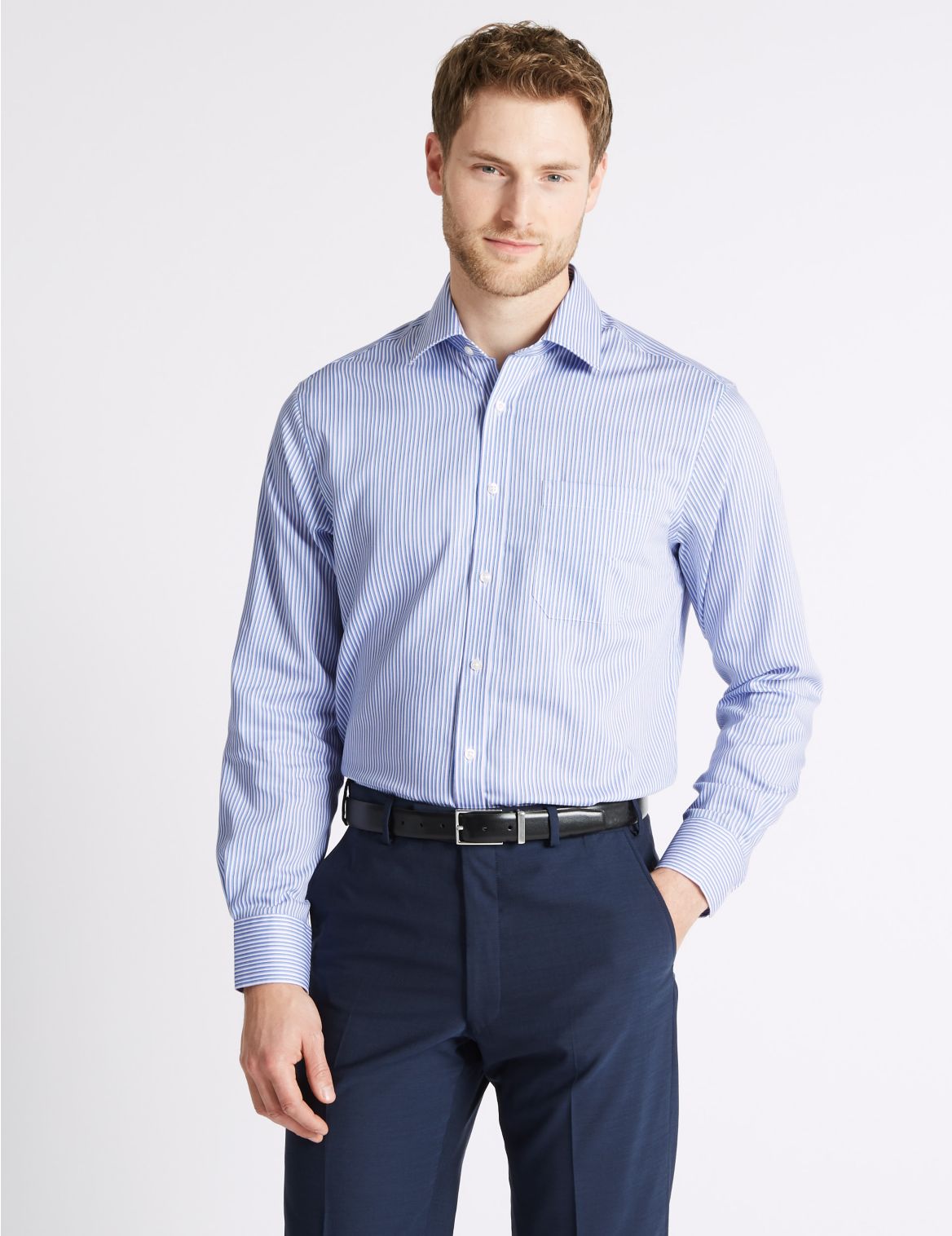 Marks & Spencer Pure Cotton Non-Iron Regular Fit Shirt - Blue - 17