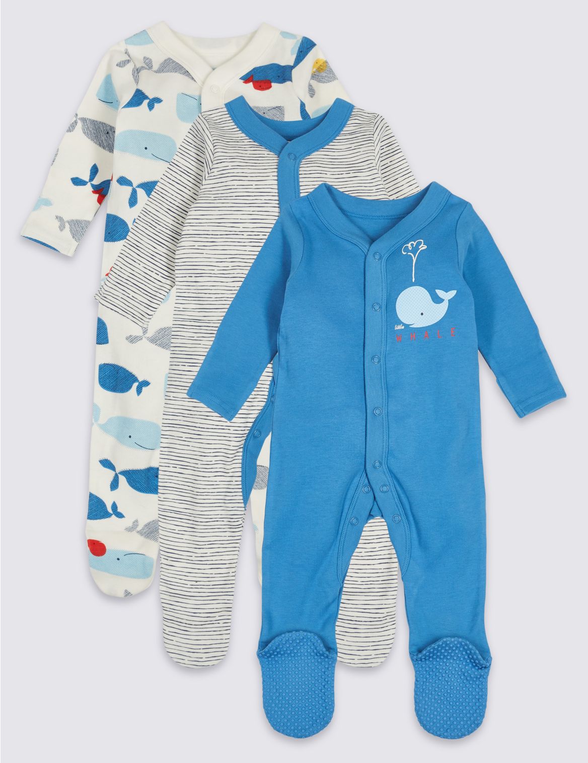 Marks & Spencer 3 Pack Whale Print Pure Cotton Sleepsuits - Blue - NB