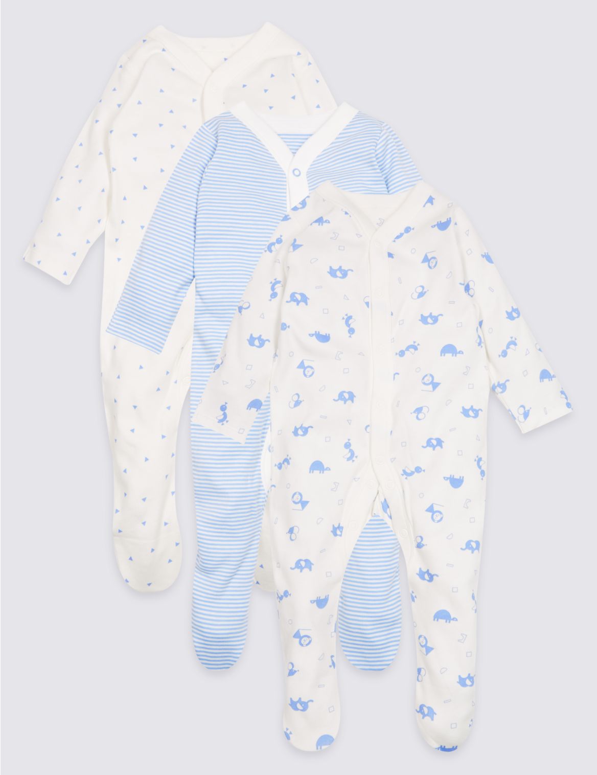 Marks & Spencer 3 Pack Animal Print Pure Cotton Sleepsuits - Blue - NB