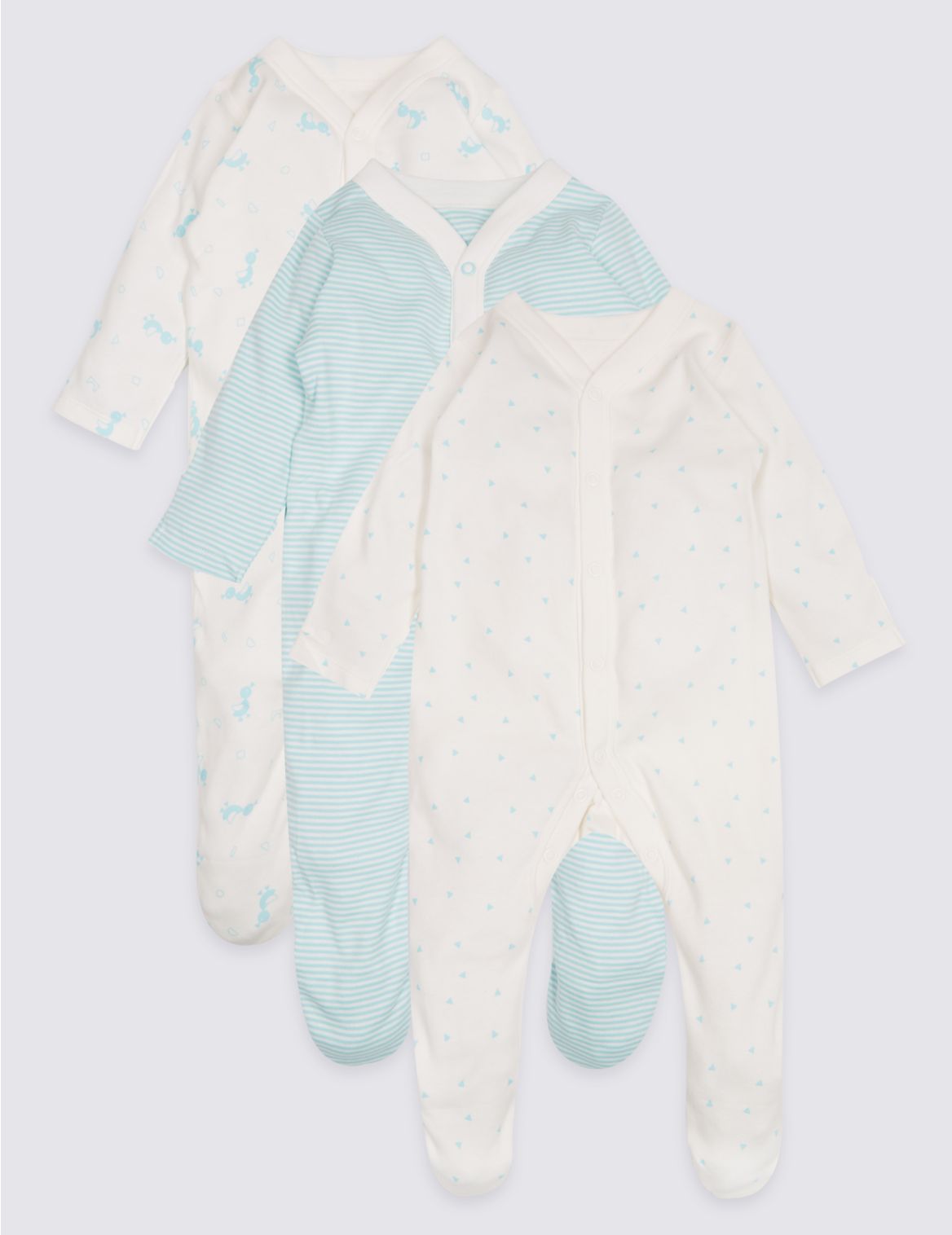 Marks & Spencer 3 Pack Pure Cotton Sleepsuits - Green - 1 M