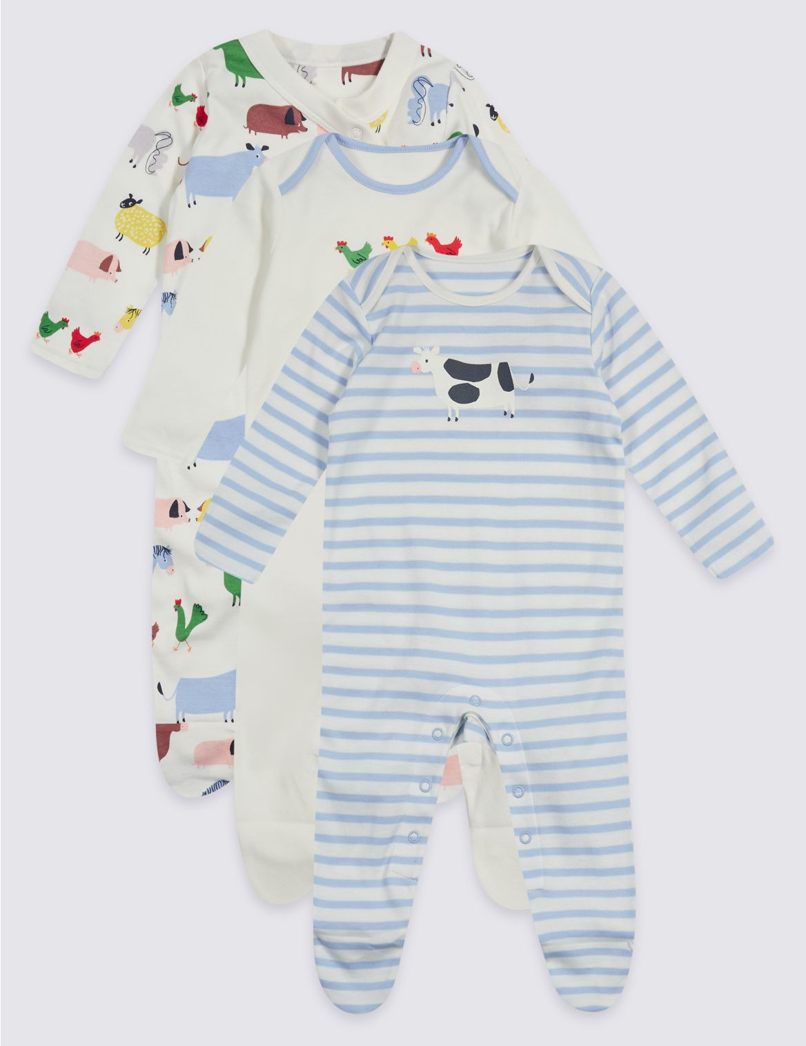 Marks & Spencer 3 Pack Farmyard Unisex Pure Cotton Sleepsuits - White - NB