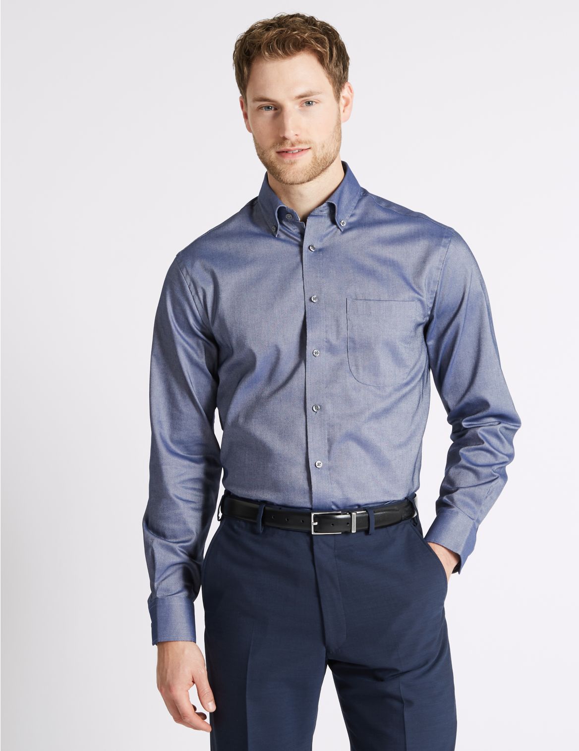 Marks & Spencer Pure Cotton Regular Fit Oxford Shirt - Blue - 15