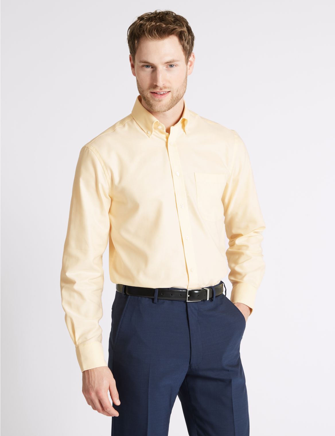 Marks & Spencer Pure Cotton Regular Fit Oxford Shirt - Yellow - 14.5