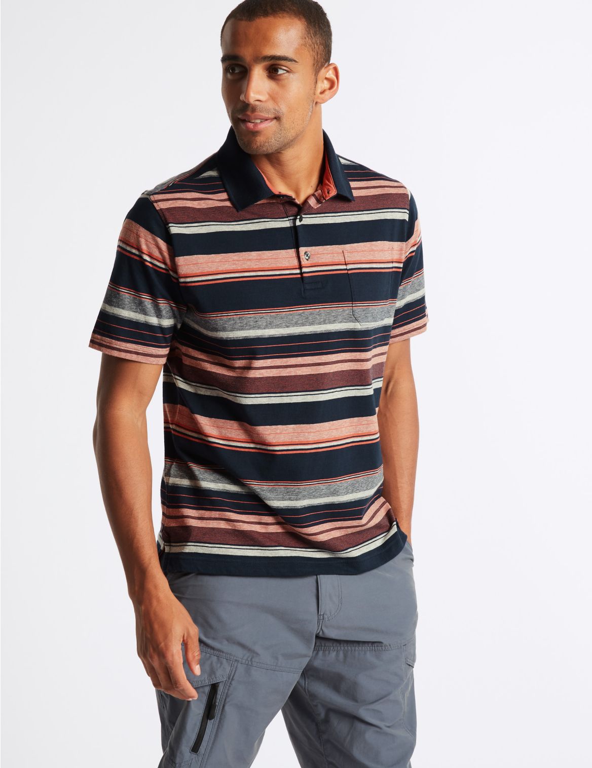 Marks & Spencer Slim Fit Pure Cotton Striped Polo Shirt - Navy - XXL-STD