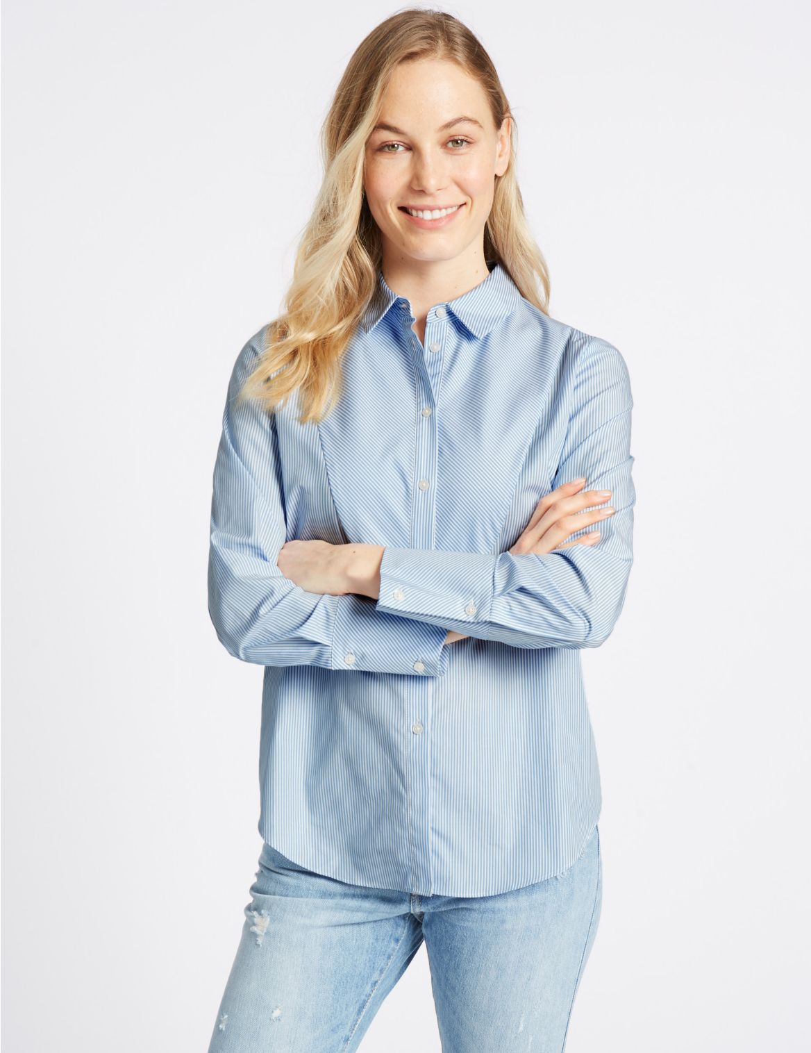 Marks & Spencer Pure Cotton Stretch Bib Detail Striped Shirt - Blue - 8