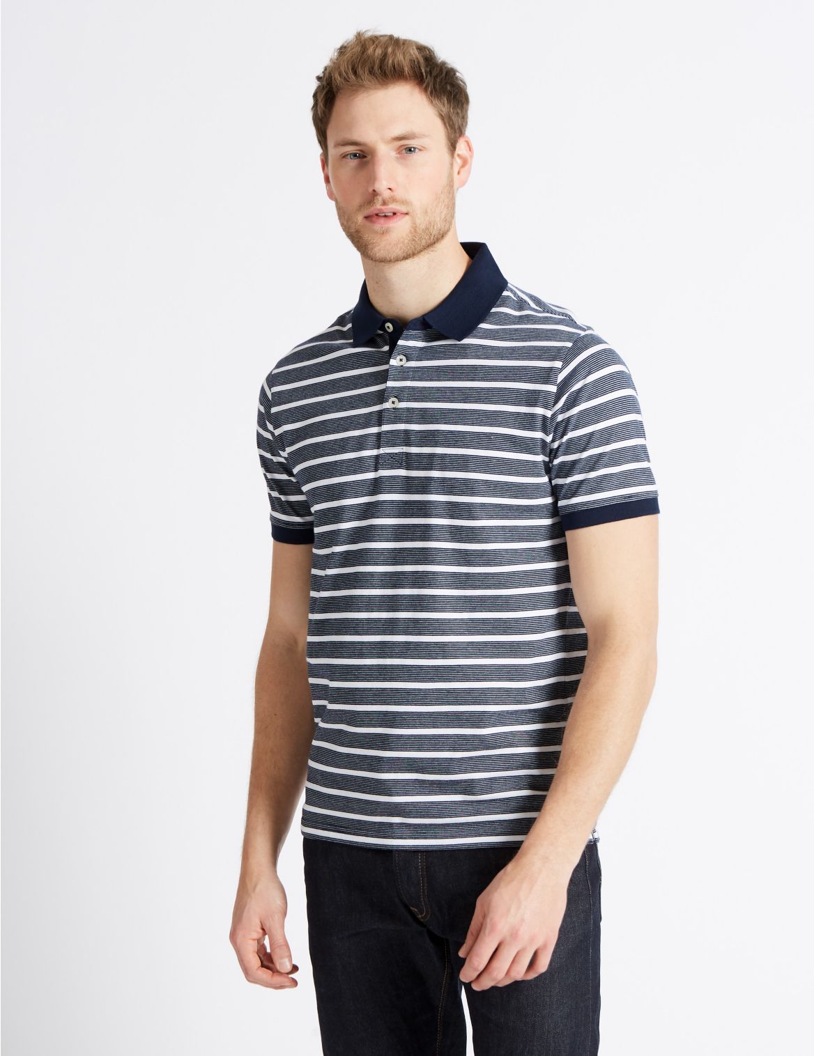 Marks & Spencer Slim Fit Pure Cotton Striped Polo Shirt - Navy - XXL-STD