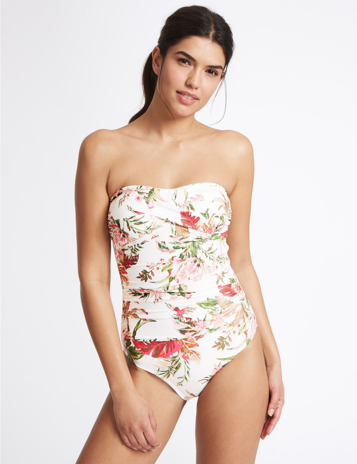 Marks & Spencer Secret Slimming Floral Print Multiway Swimsuit - White - 12-REG