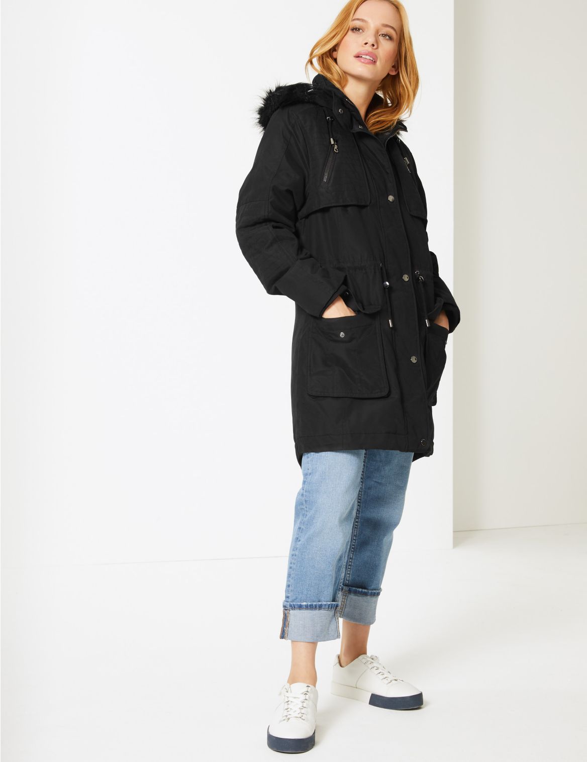 Marks & Spencer PETITE Faux Fur Padded Parka with Stormwear - Black - 6-PET