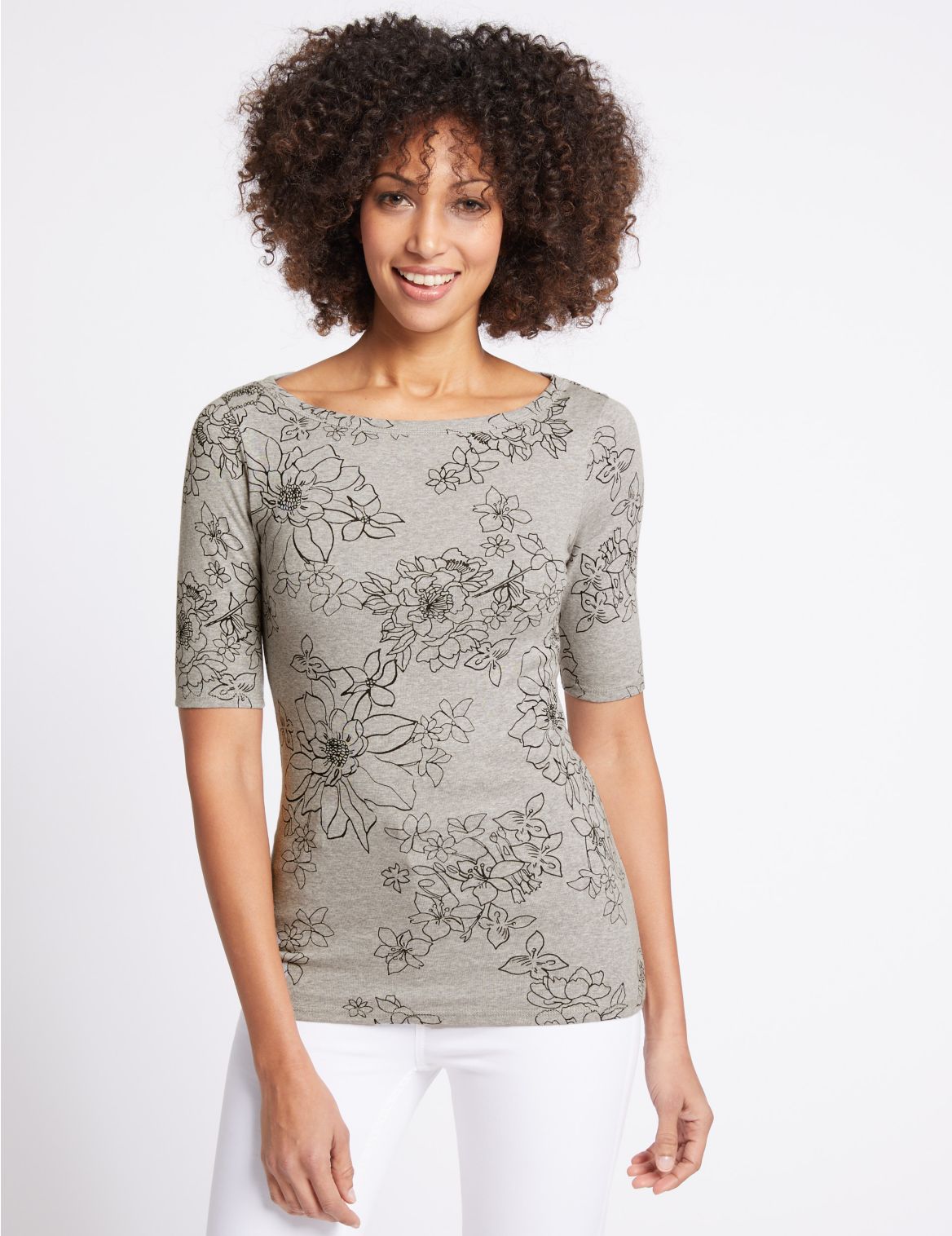 Marks & Spencer Pure Cotton Floral Print T-Shirt  - Grey - 8