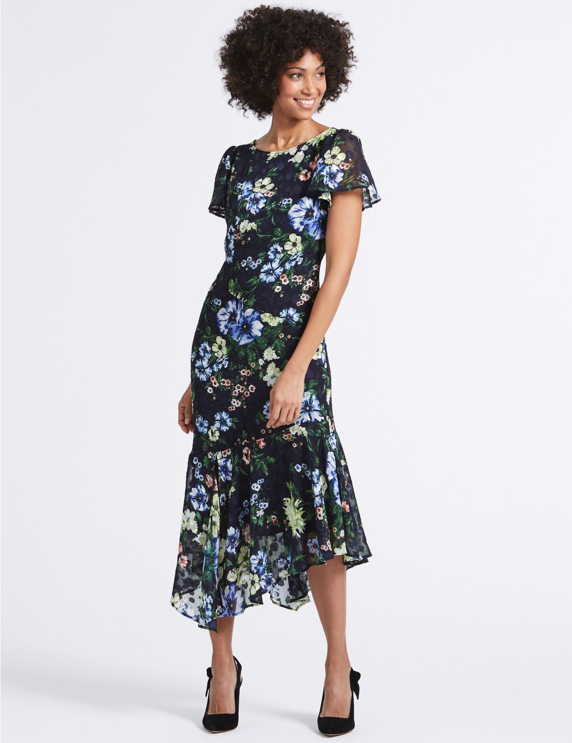 Marks & Spencer Floral Print Asymmetric Tunic Midi Dress - Navy - 8-REG